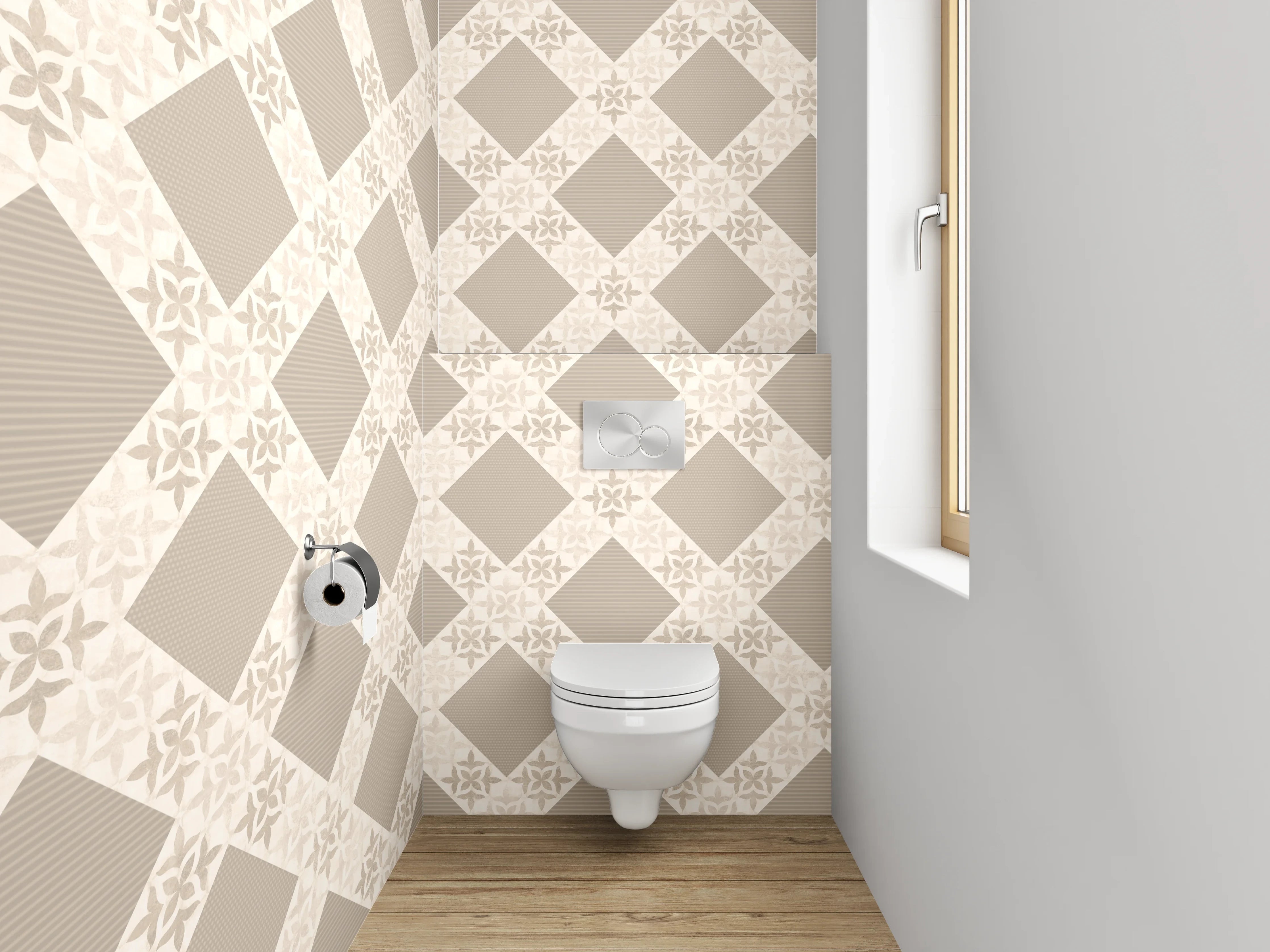 WC-Rückwand - Geometrisches Rautenmuster in Beige und Braun