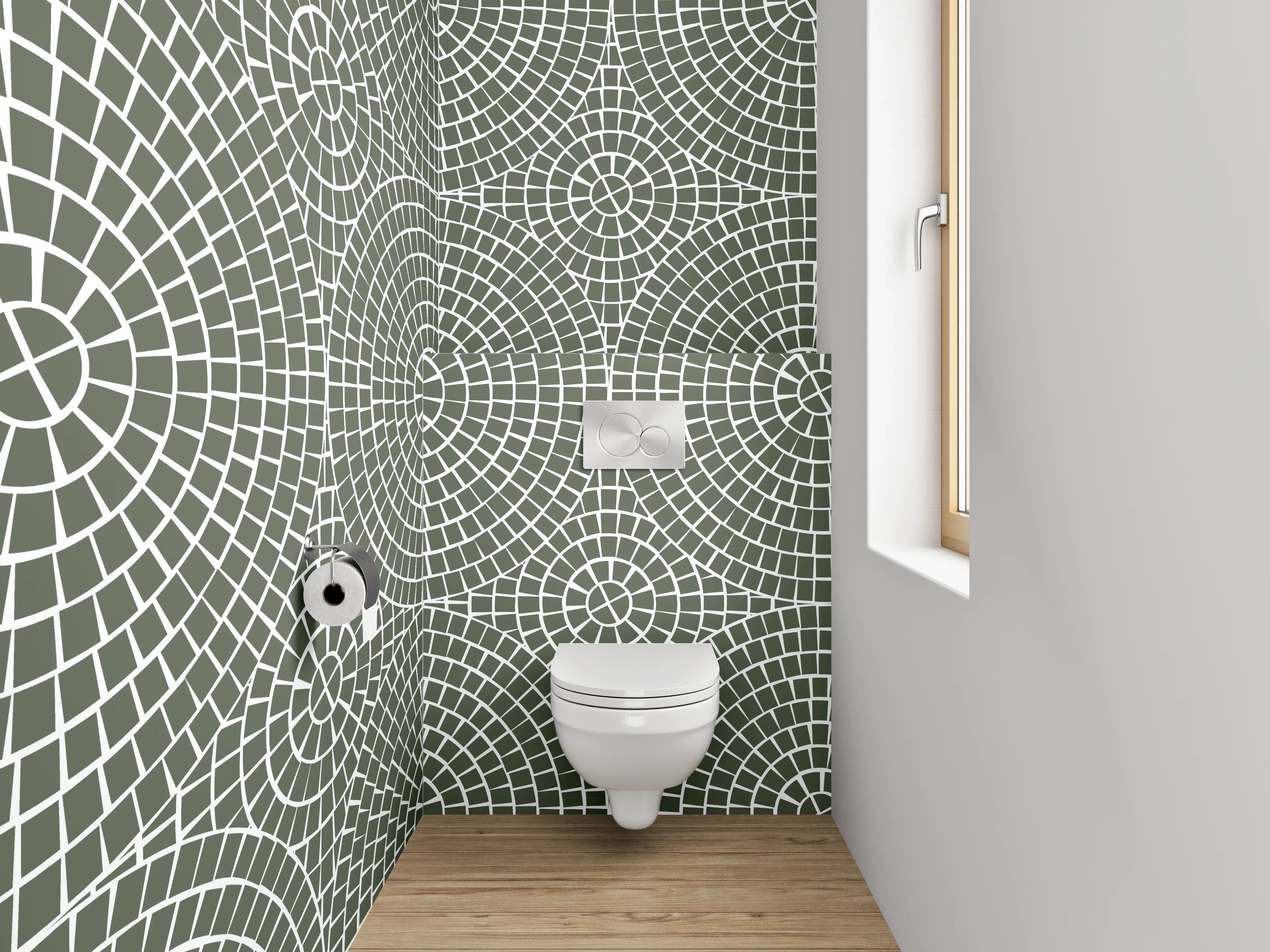 WC-Rückwand - Geometrisches Retro-Kreismuster Grau Weiß