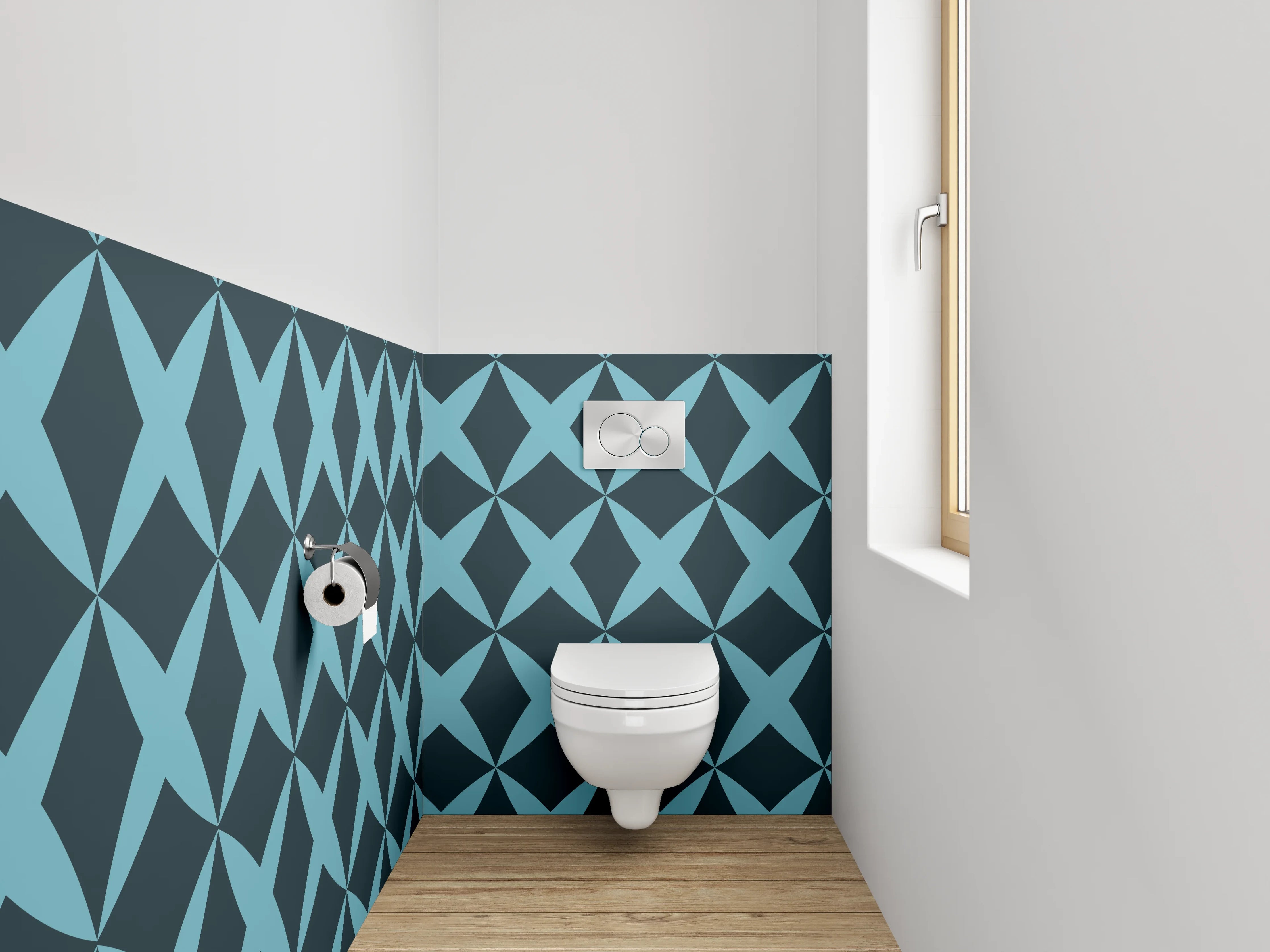 WC-Rückwand - Geometrisches Retro-Muster Blau Schwarz