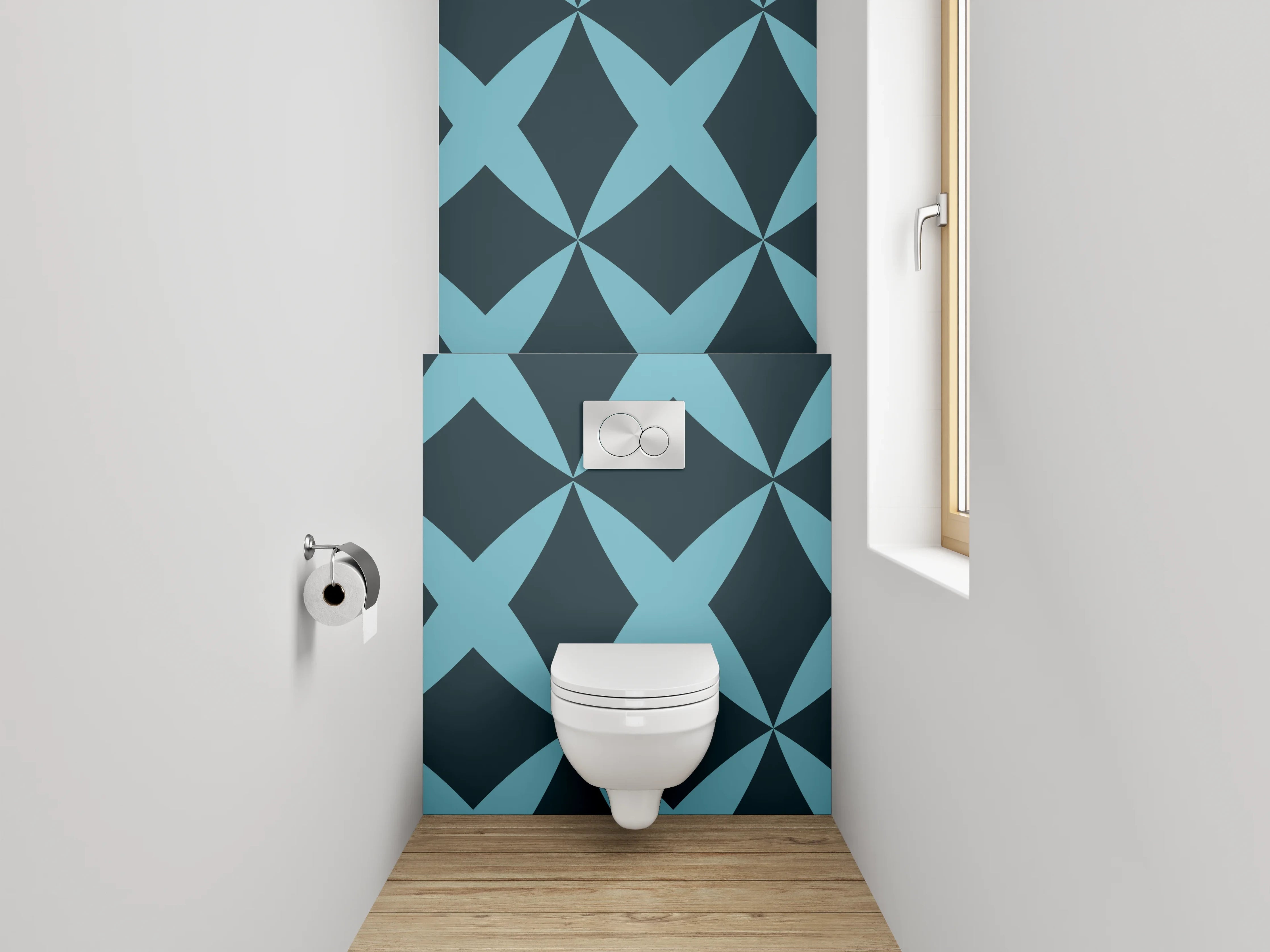 WC-Rückwand - Geometrisches Retro-Muster Blau Schwarz