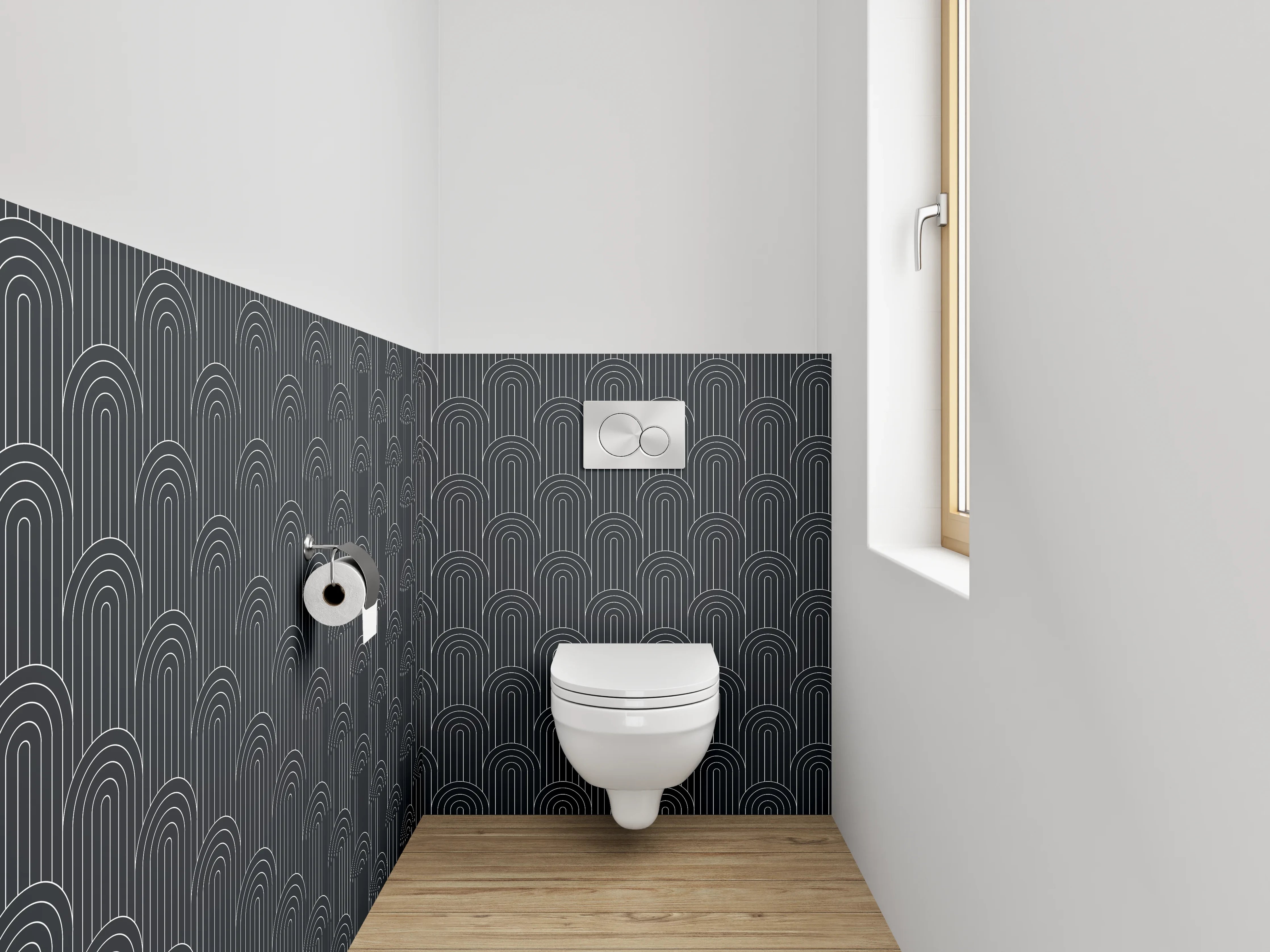 WC-Rückwand - Geometrisches Retro Muster Schwarz-Grau