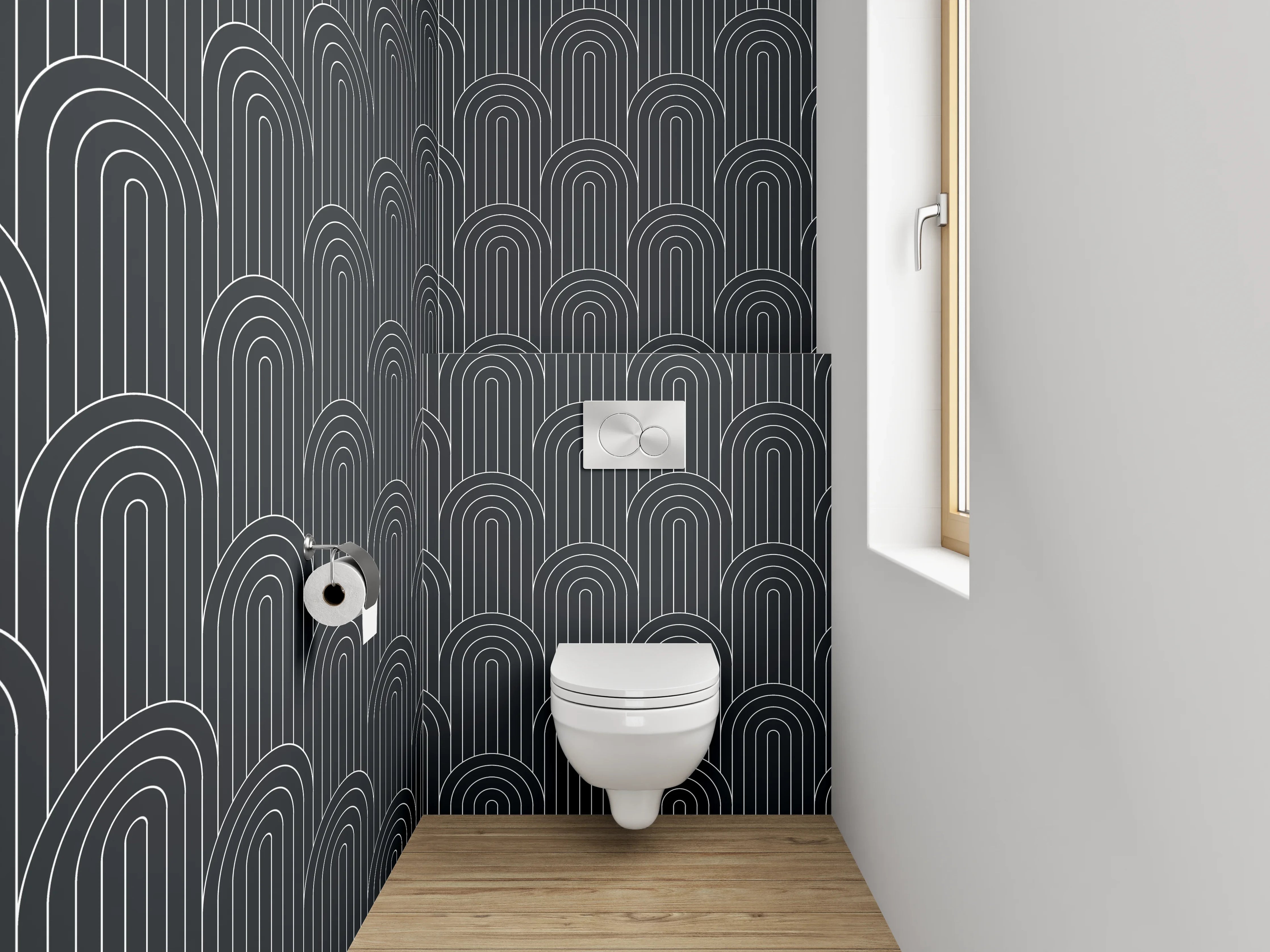 WC-Rückwand - Geometrisches Retro Muster Schwarz-Grau
