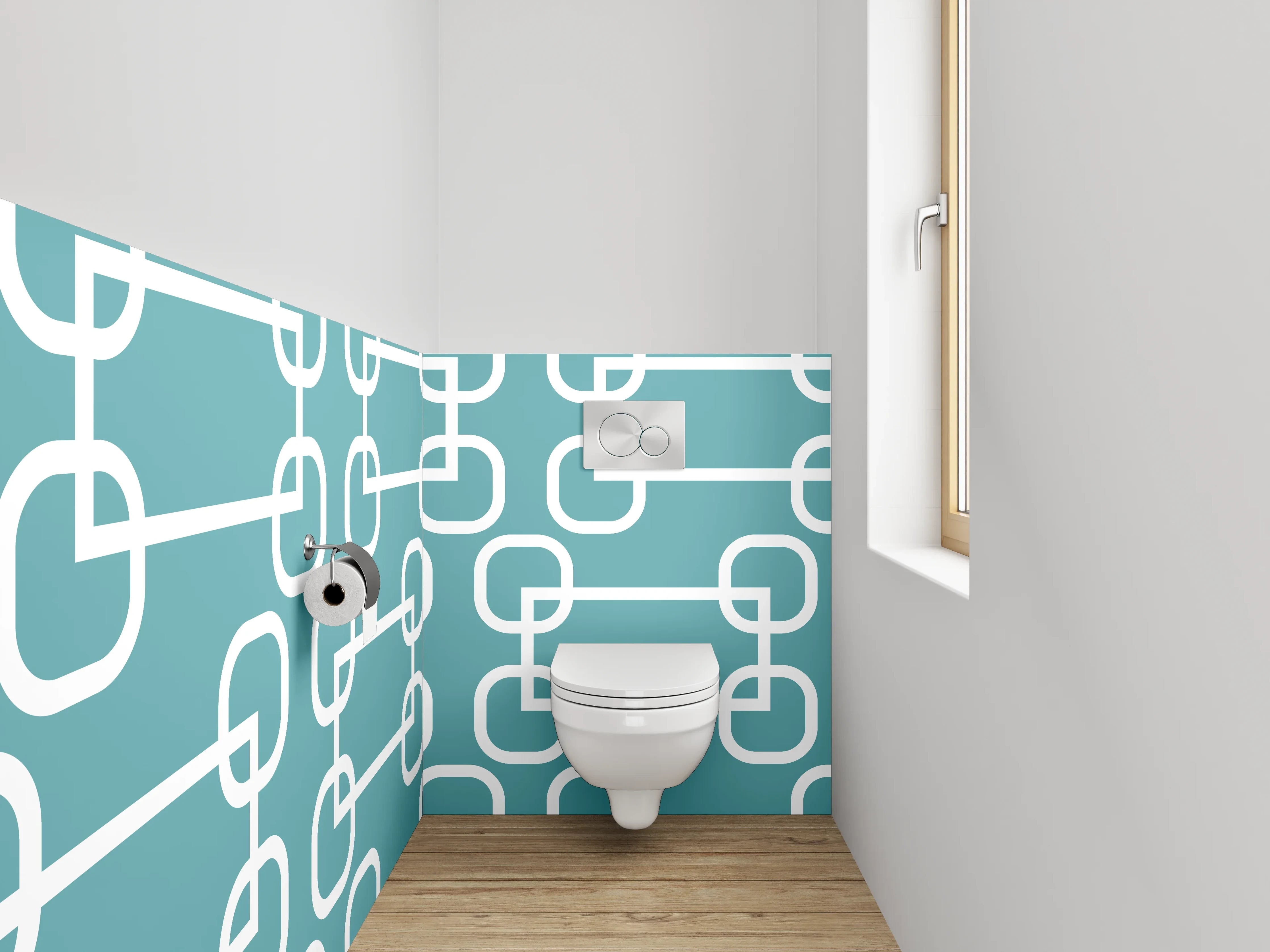 WC-Rückwand - Geometrisches Retro-Muster Türkis Weiß