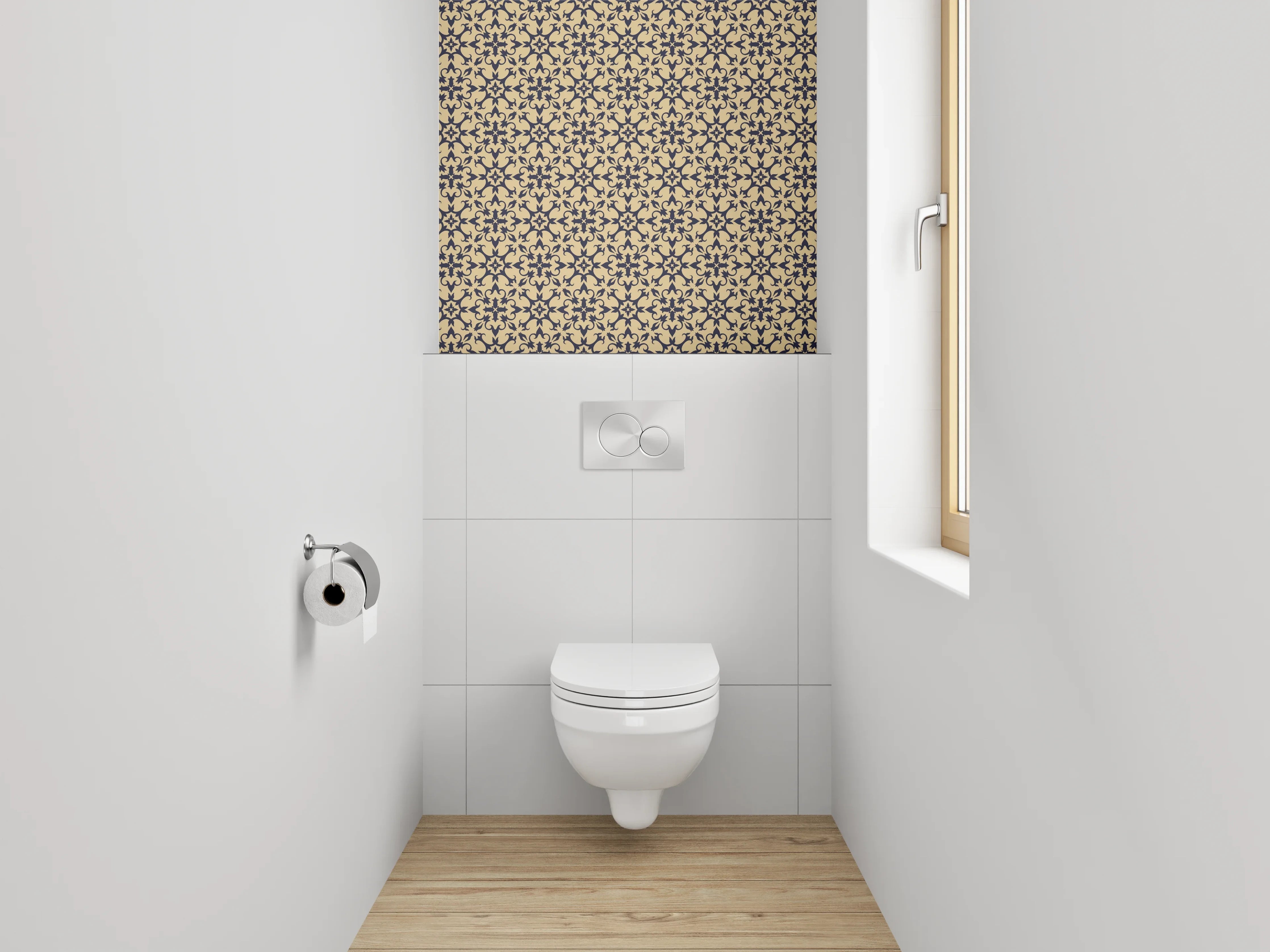 WC-Rückwand - Geometrisches Retro-Muster beige schwarz
