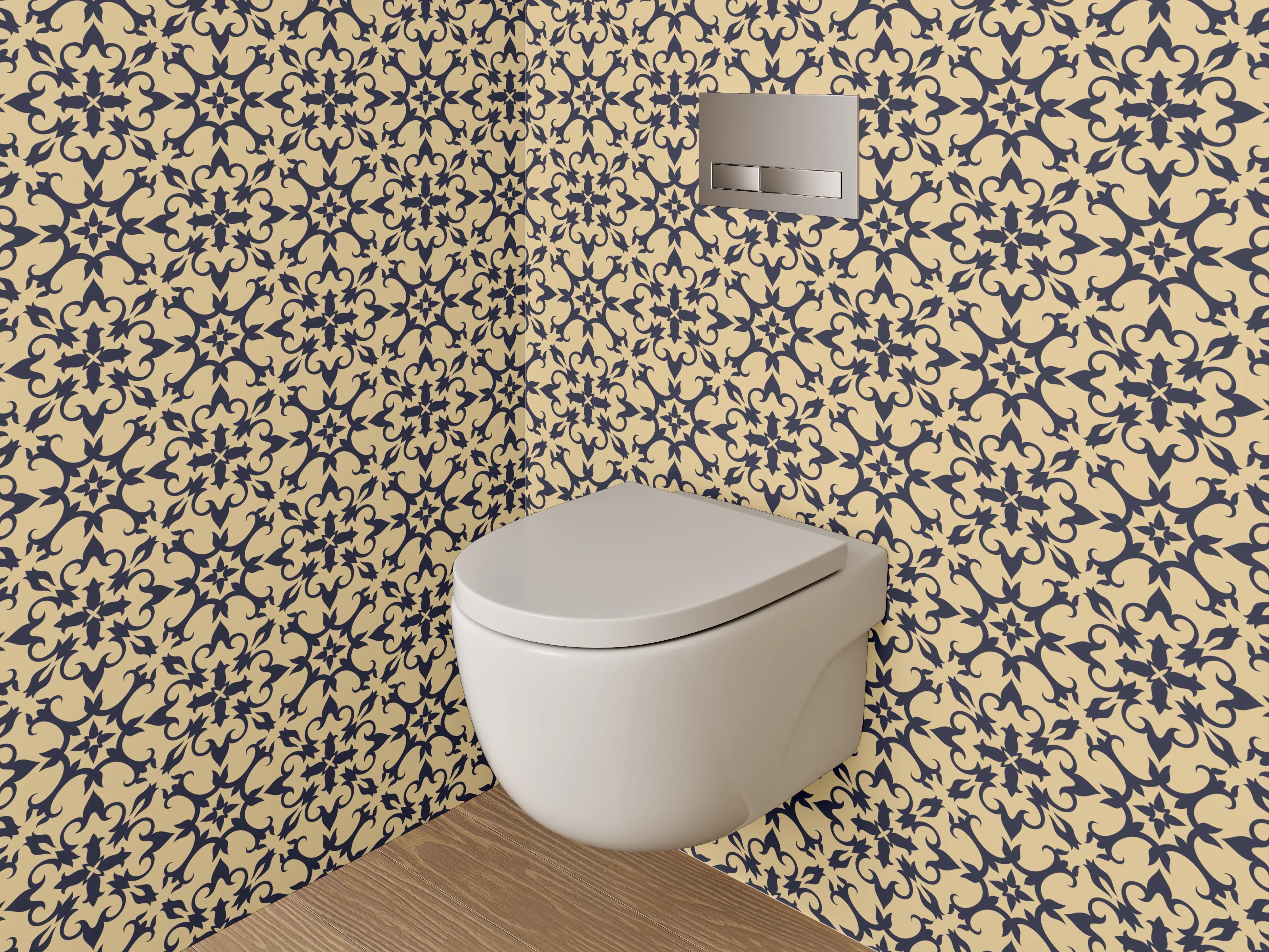 WC-Rückwand - Geometrisches Retro-Muster beige schwarz