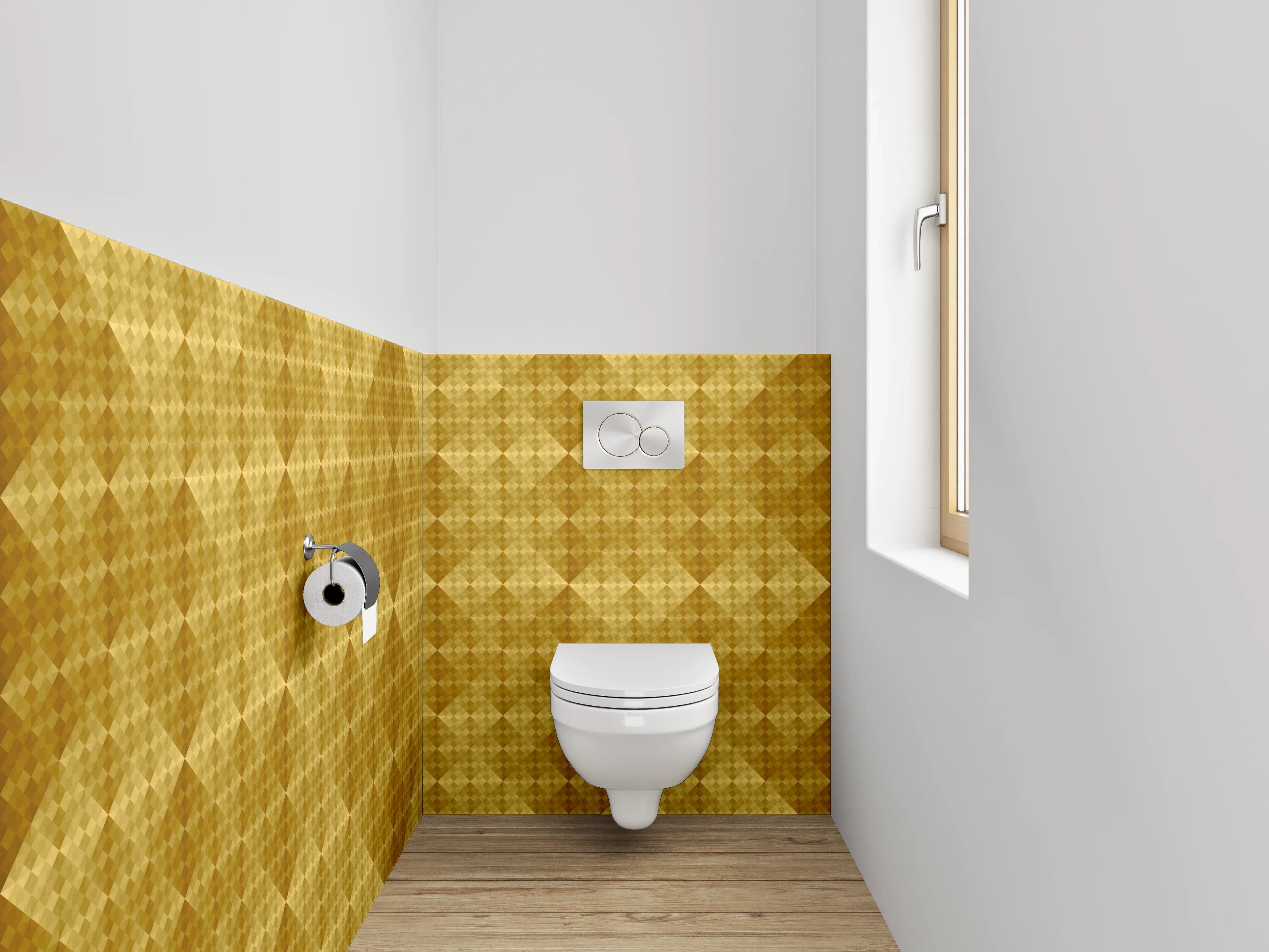WC-Rückwand - Geometrisches Retro-Muster in Goldtönen