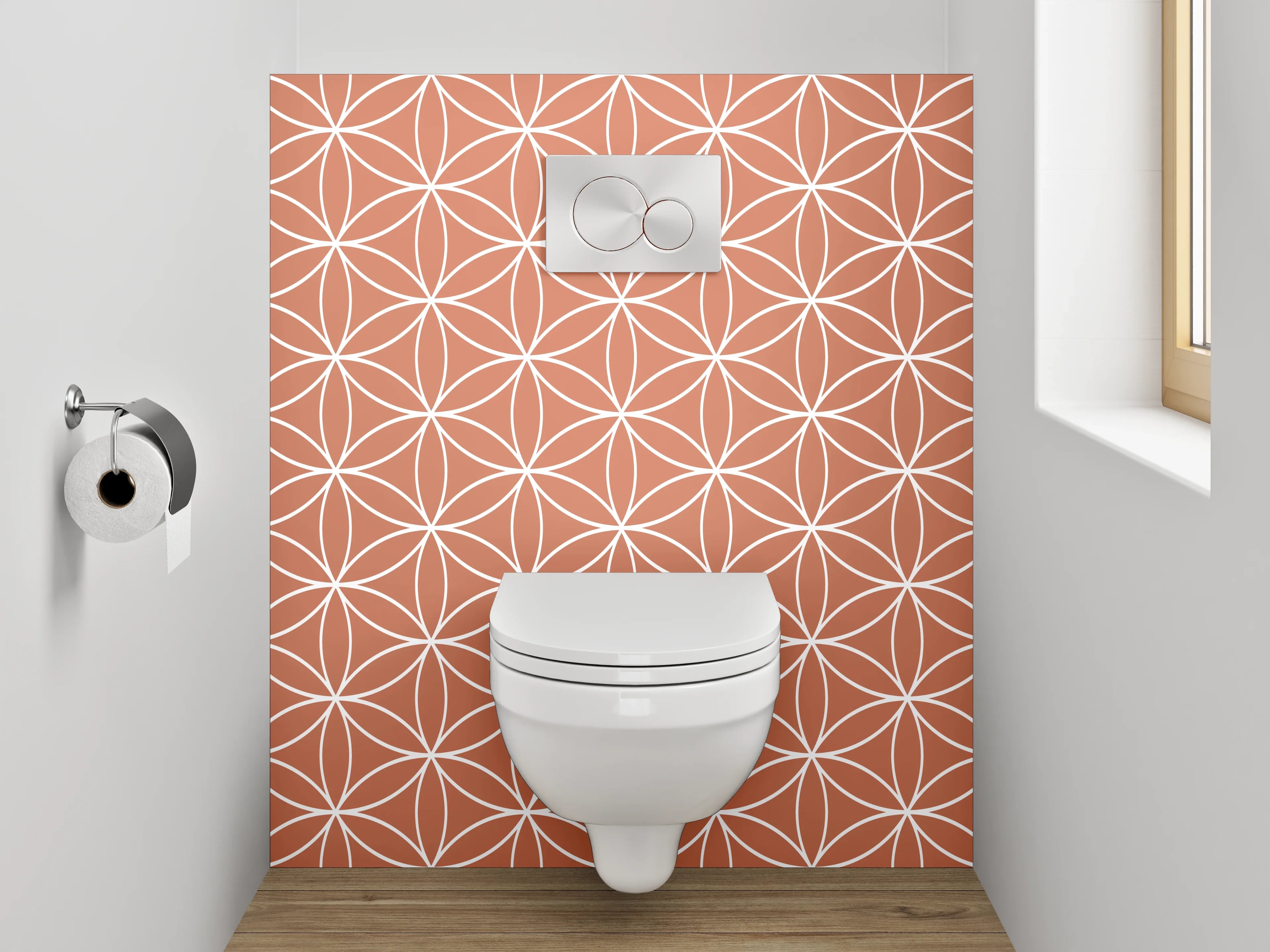 WC-Rückwand - Geometrisches Retro-Muster in Terrakotta