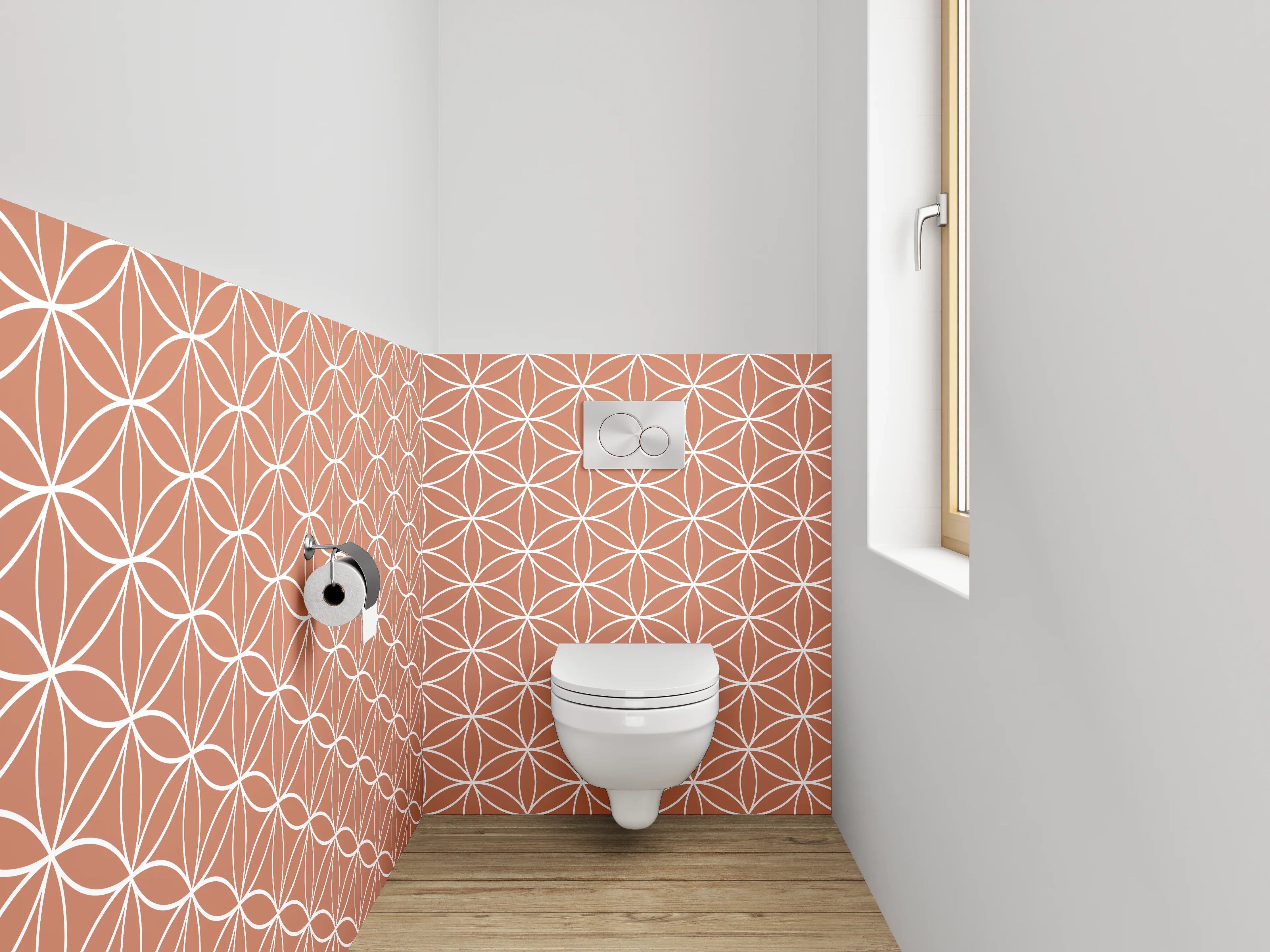 WC-Rückwand - Geometrisches Retro-Muster in Terrakotta
