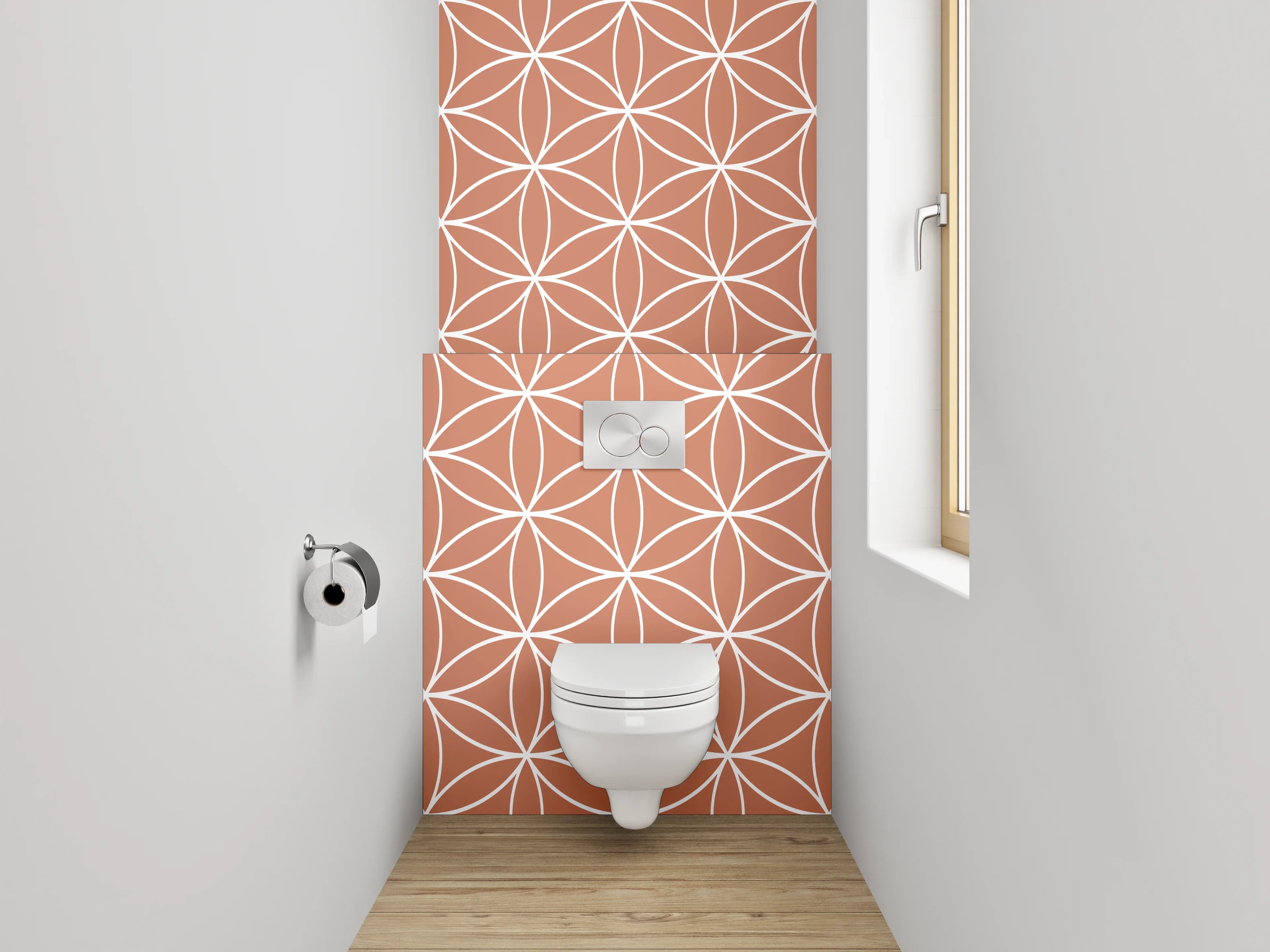 WC-Rückwand - Geometrisches Retro-Muster in Terrakotta