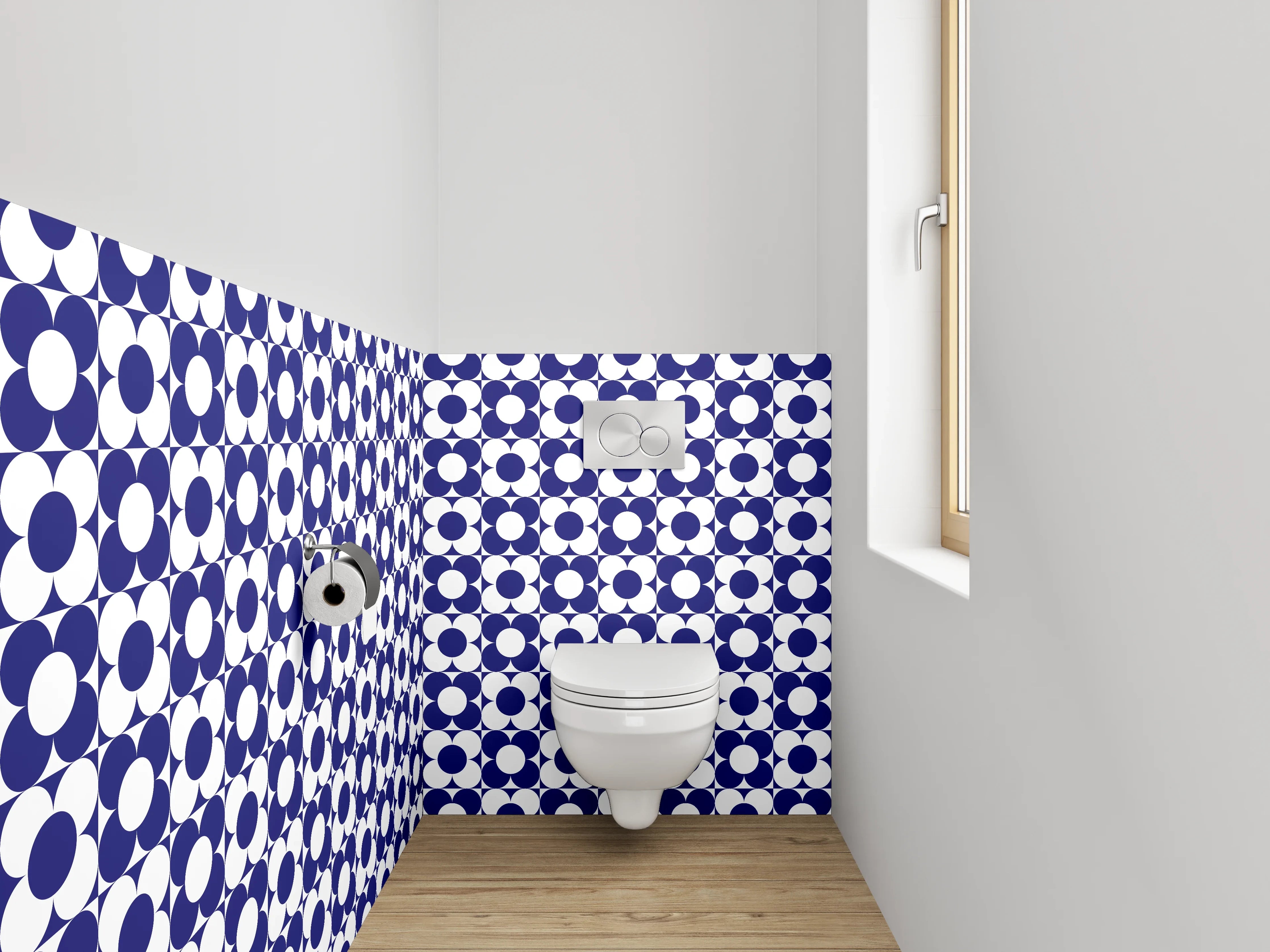 WC-Rückwand - Geometrisches blau-weißes Retro-Muster