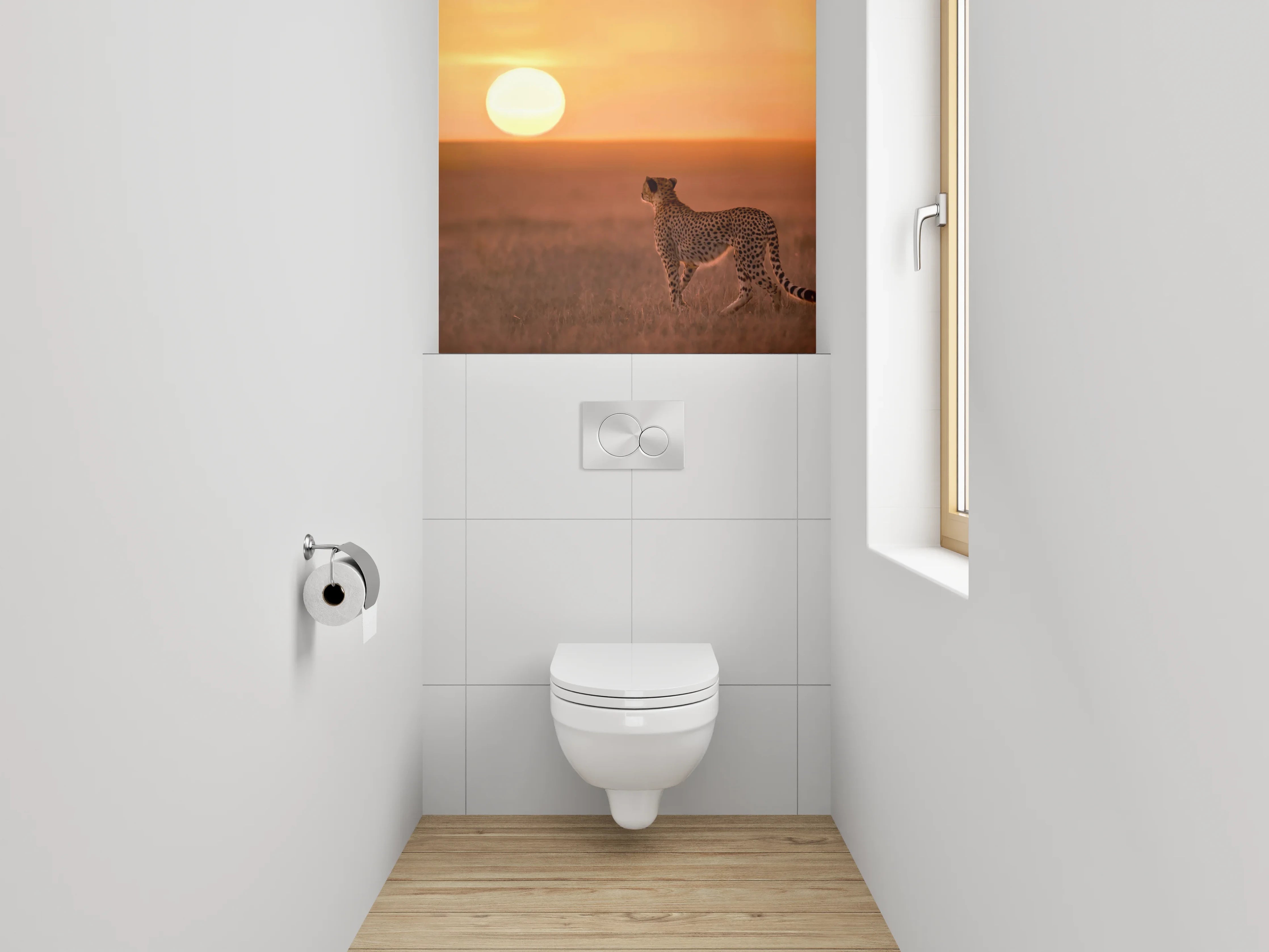 WC-Rückwand - Gepard in Savanne bei Sonnenuntergang