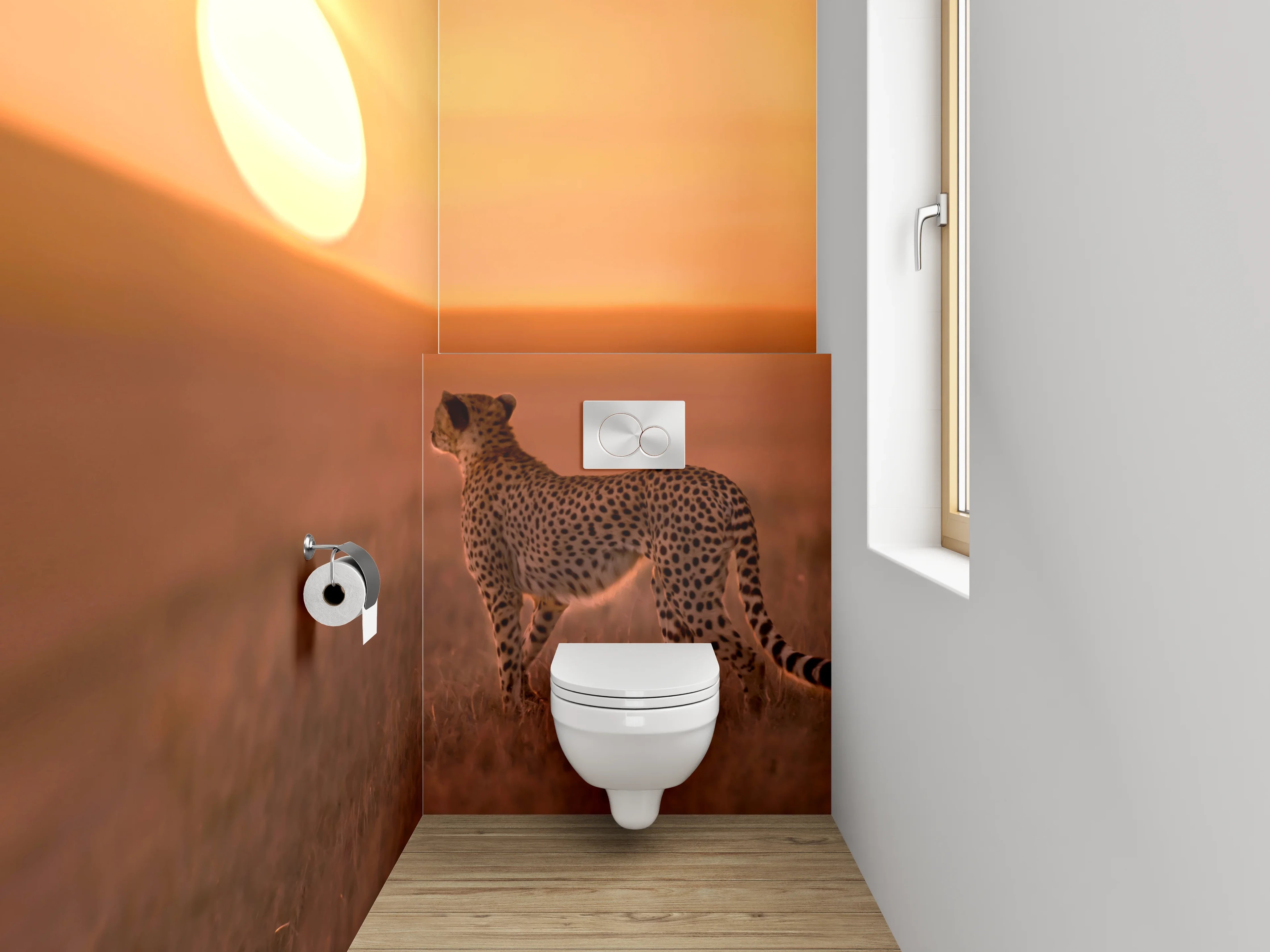 WC-Rückwand - Gepard in Savanne bei Sonnenuntergang