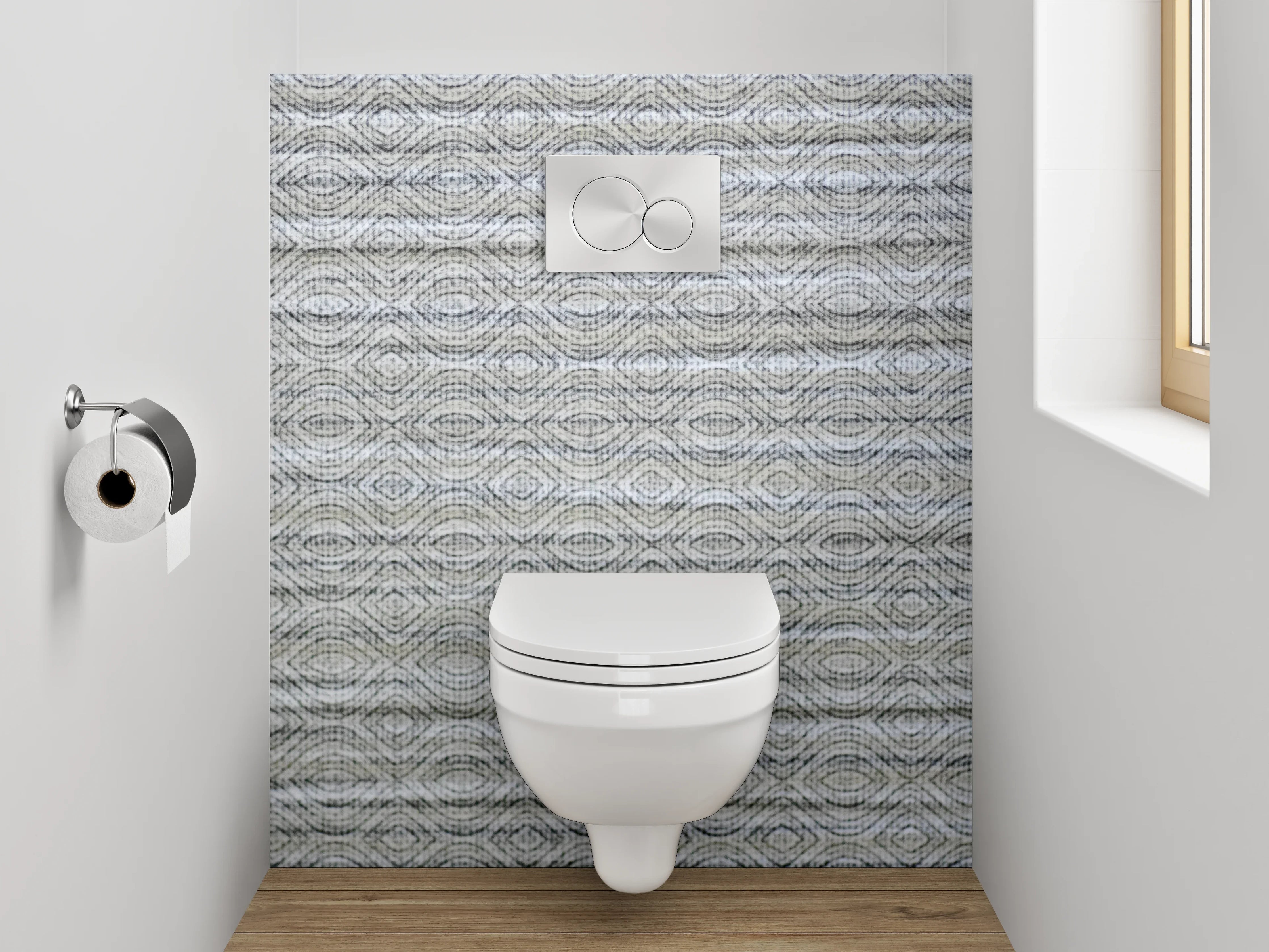 WC-Rückwand - Geprägtes Muster auf weiß-grauer Wand