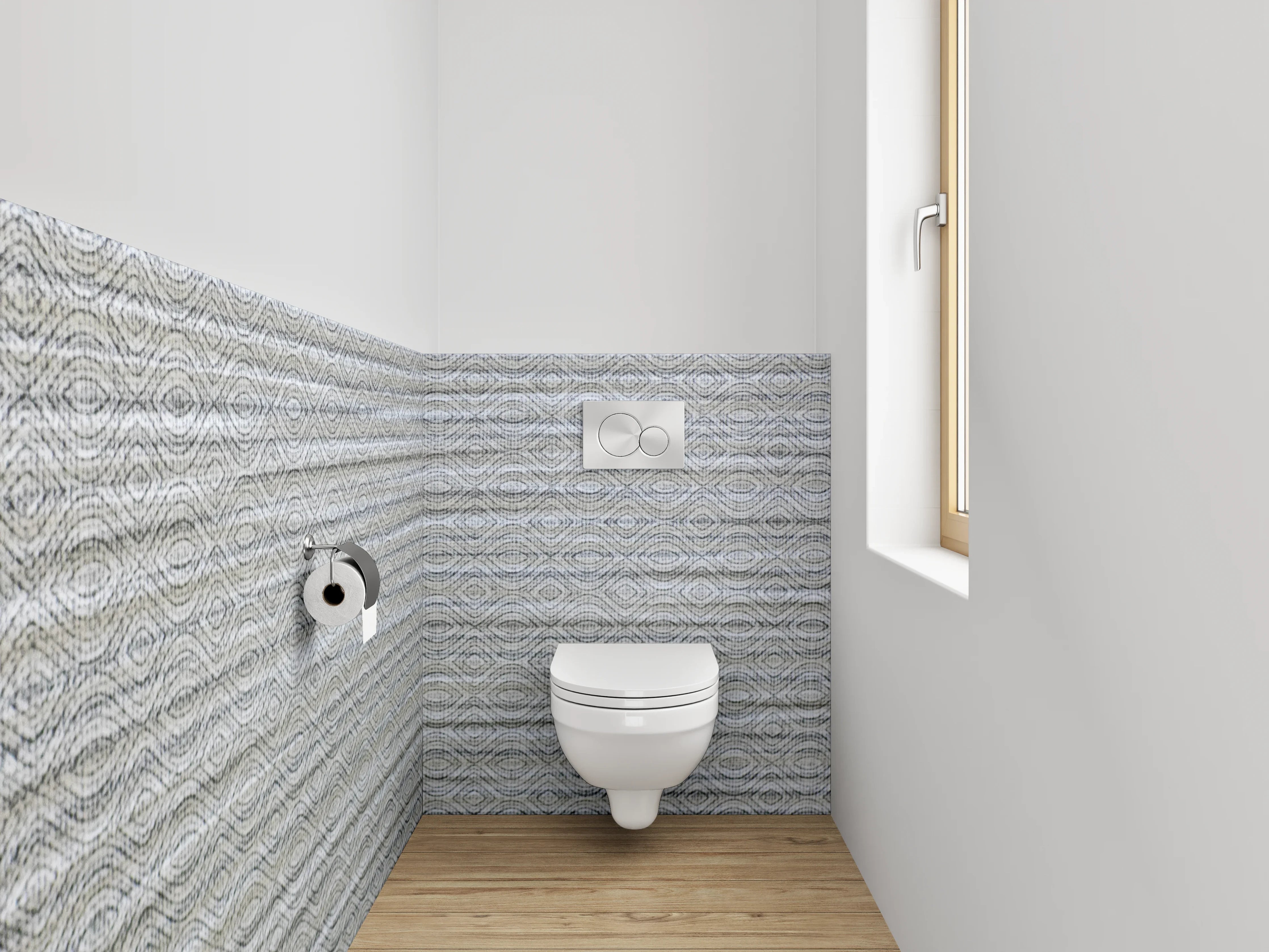 WC-Rückwand - Geprägtes Muster auf weiß-grauer Wand