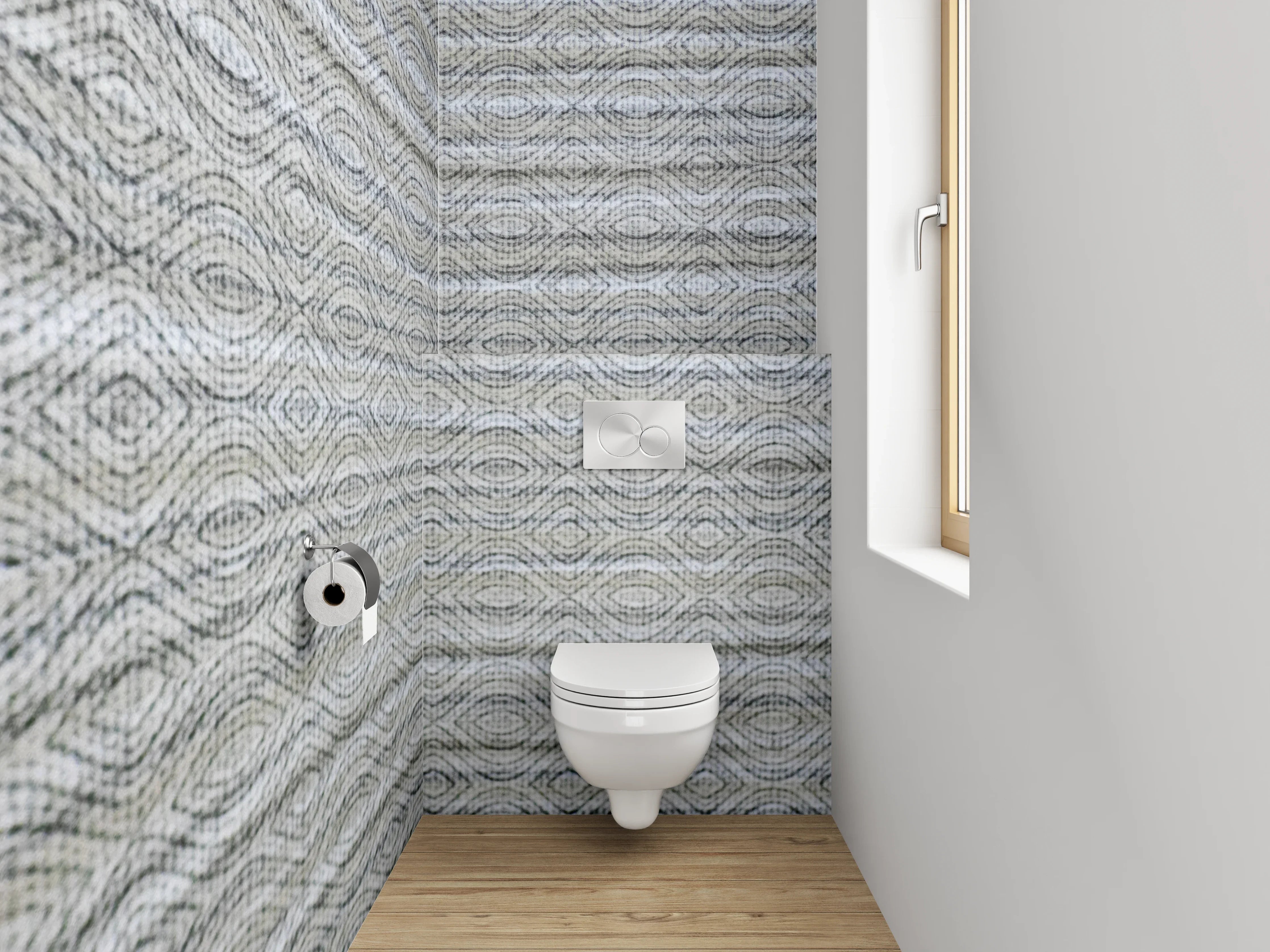 WC-Rückwand - Geprägtes Muster auf weiß-grauer Wand