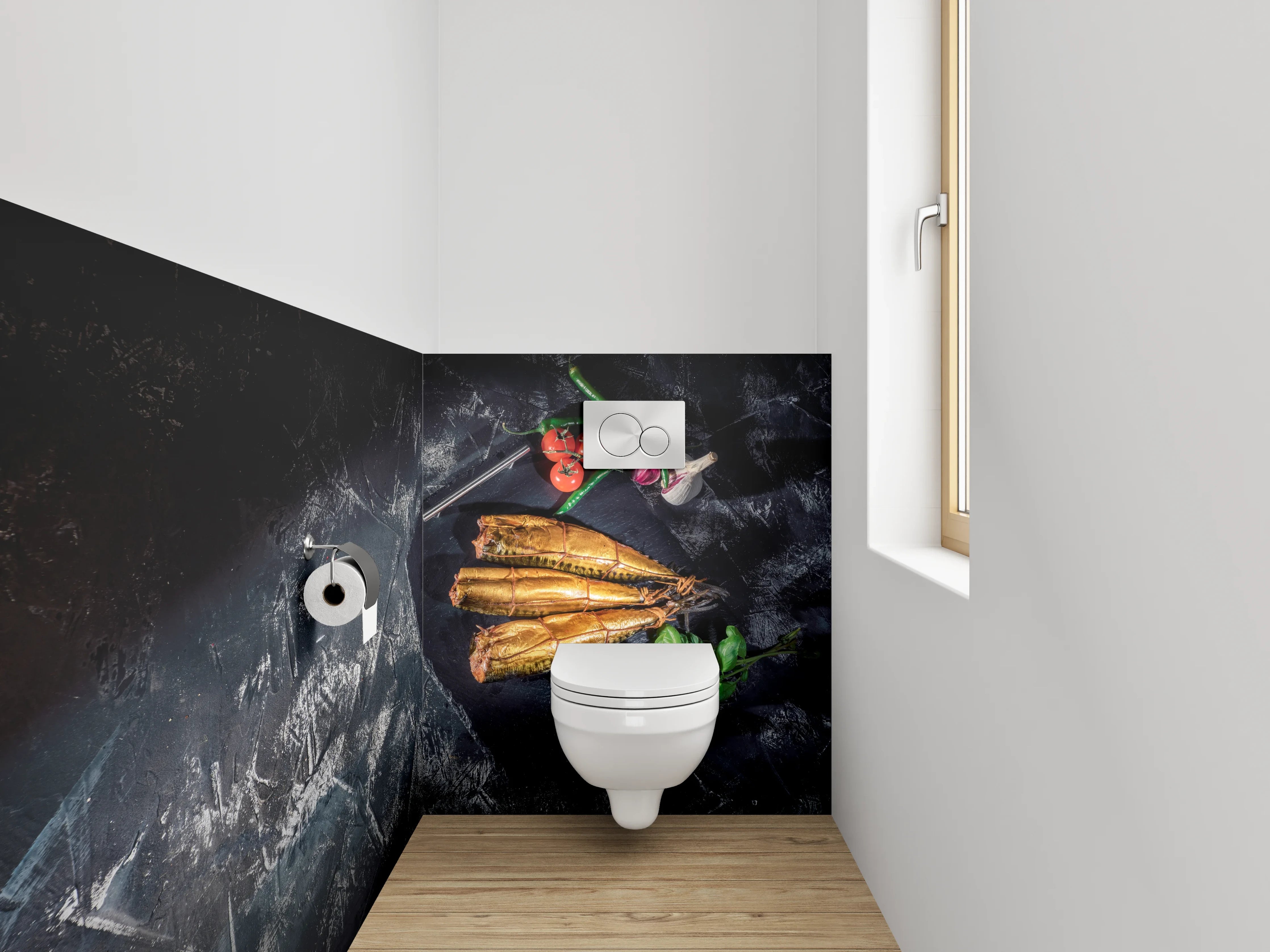 WC-Rückwand - Geräucherter Fisch auf Schieferplatte – Stillleben