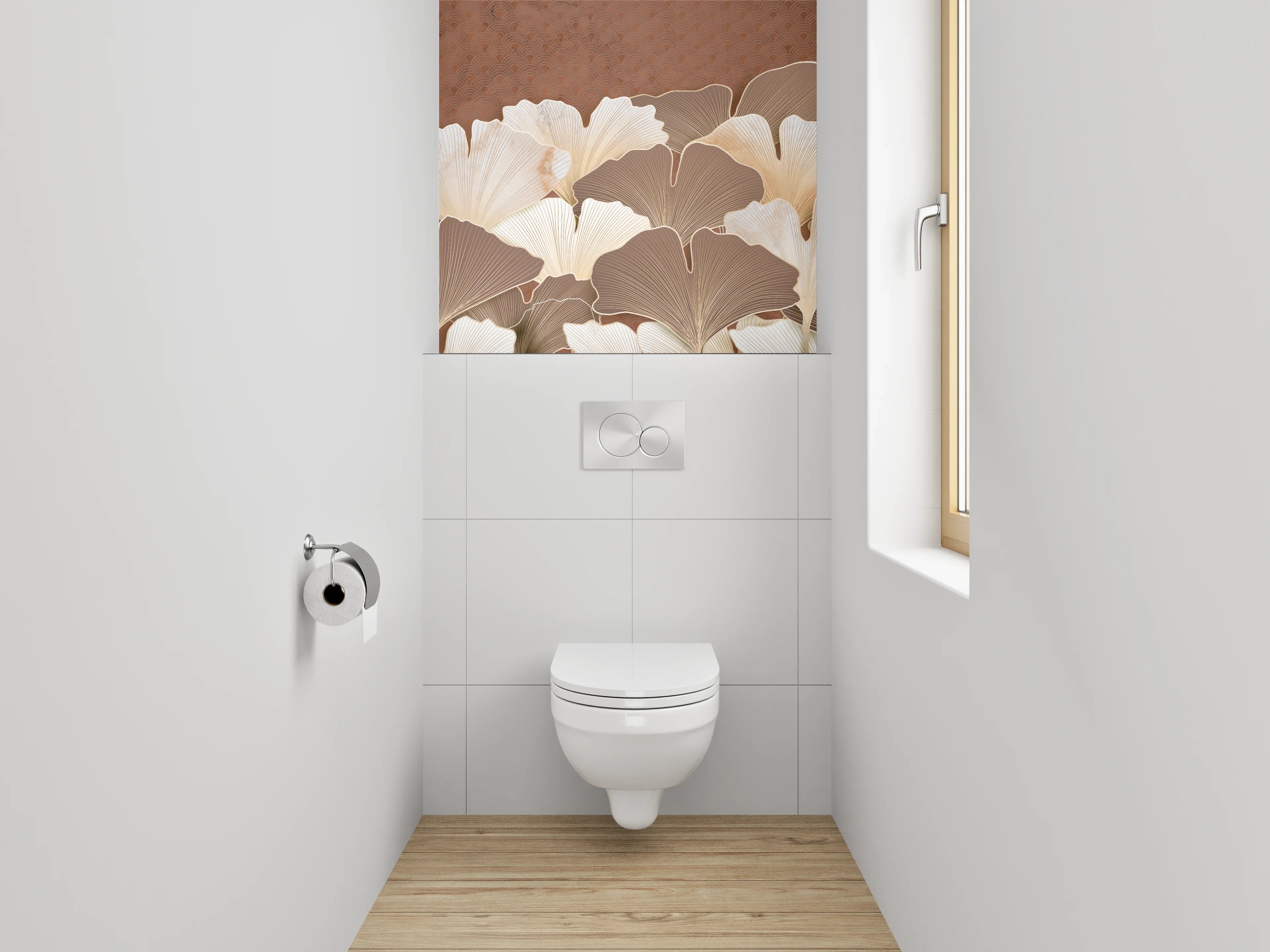 WC-Rückwand - Ginkgo Blätter Beige Braun Kunst