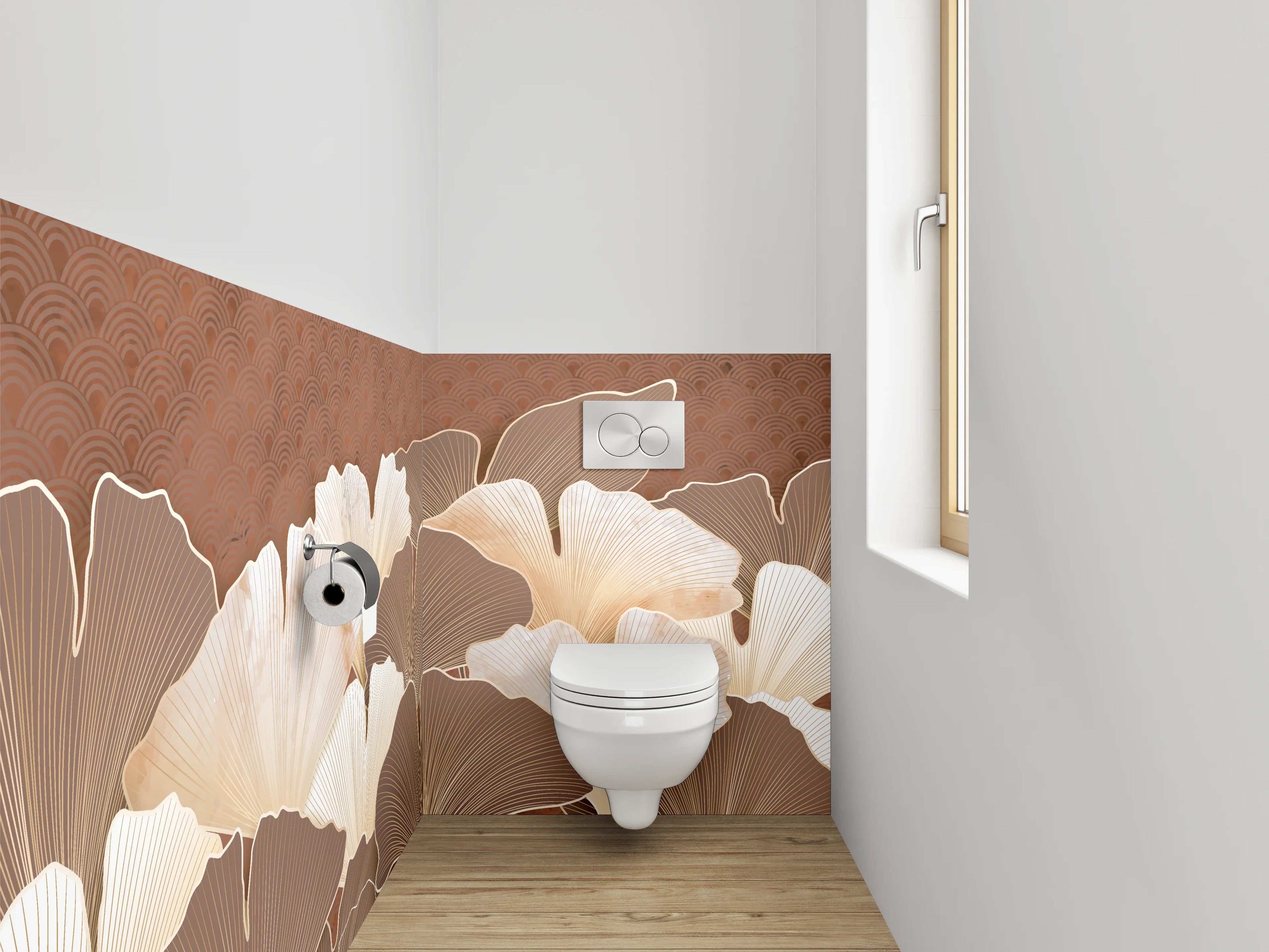 WC-Rückwand - Ginkgo Blätter Beige Braun Kunst