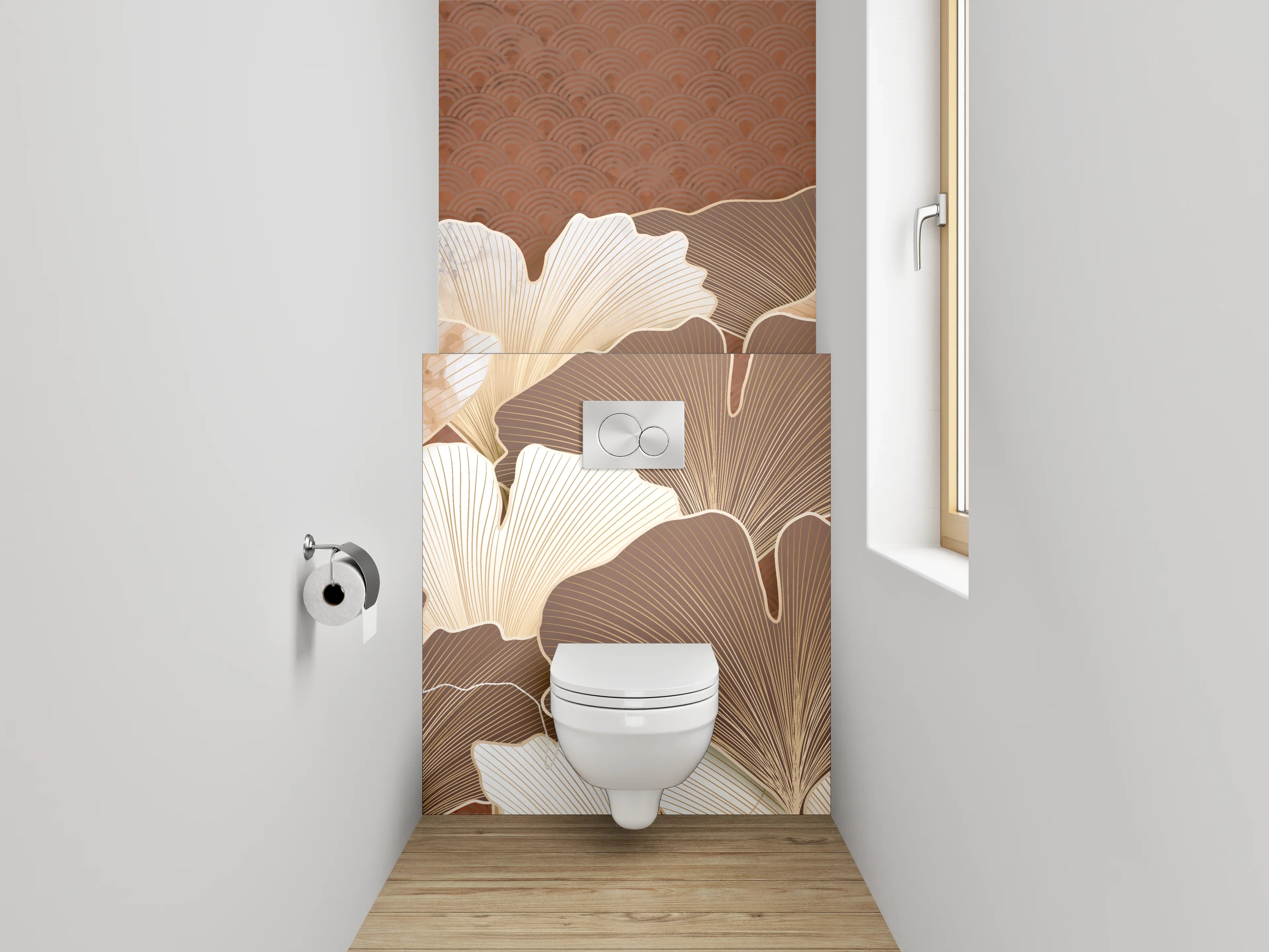 WC-Rückwand - Ginkgo Blätter Beige Braun Kunst
