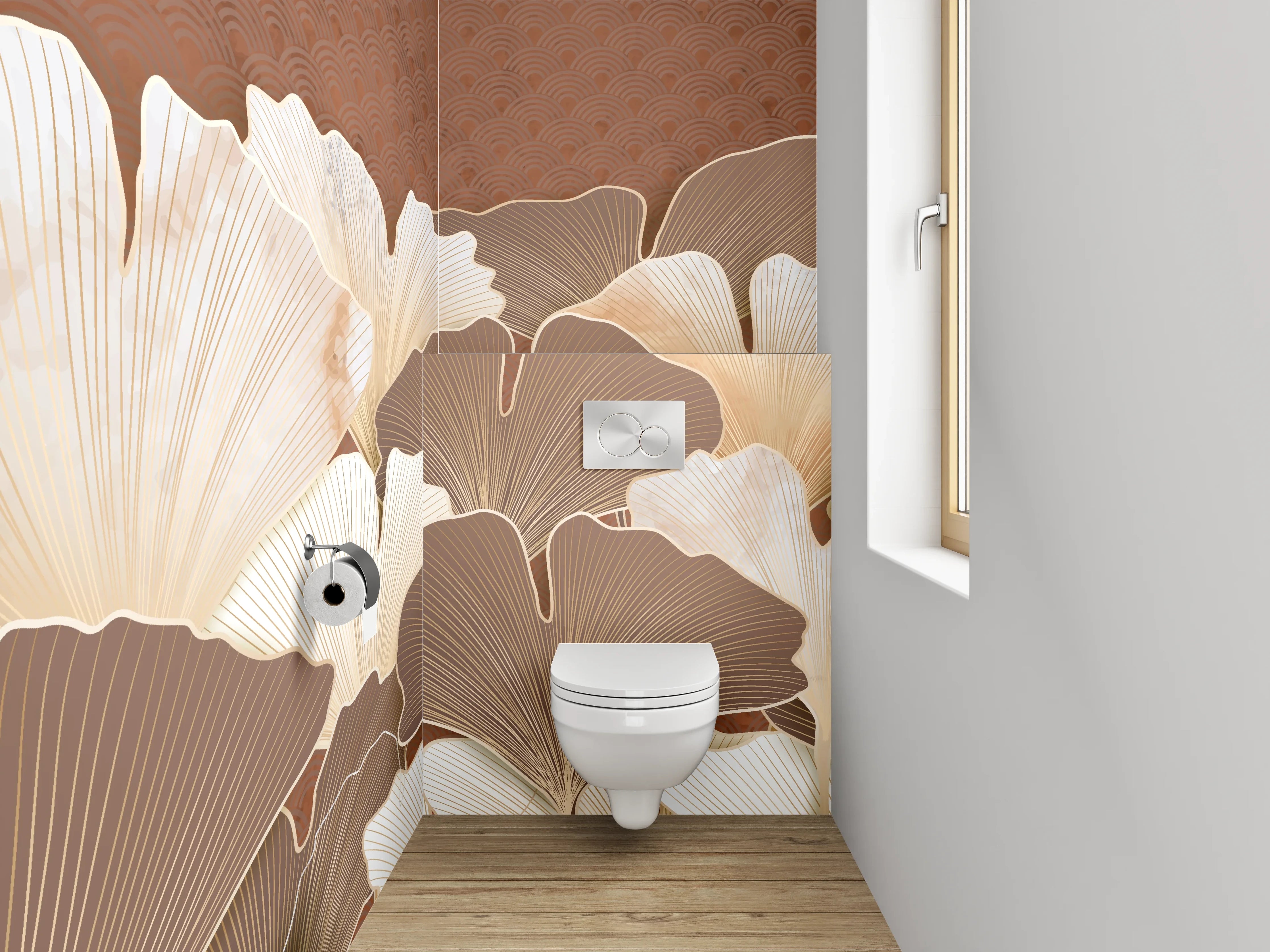WC-Rückwand - Ginkgo Blätter Beige Braun Kunst