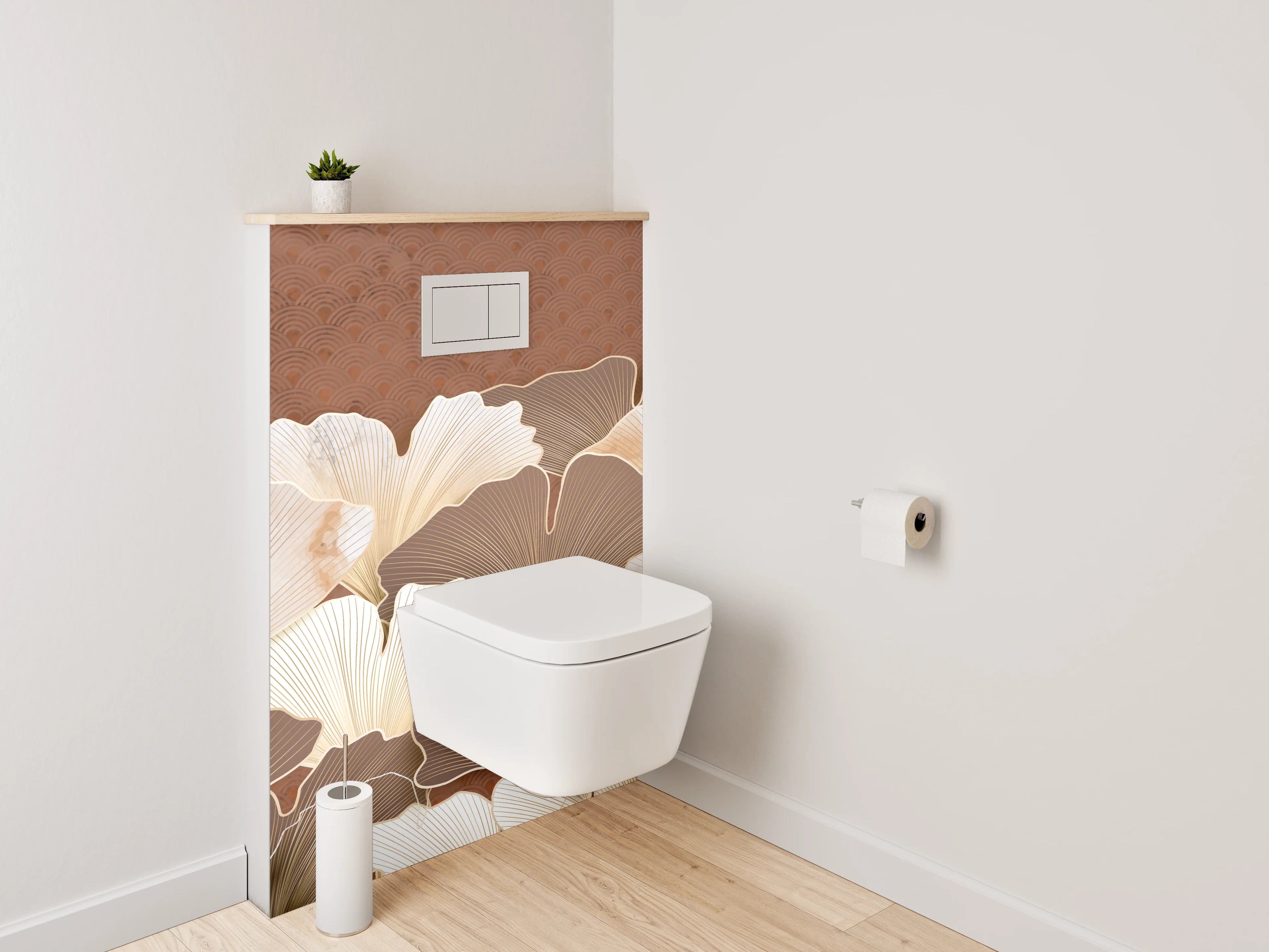 WC-Rückwand - Ginkgo Blätter Beige Braun Kunst