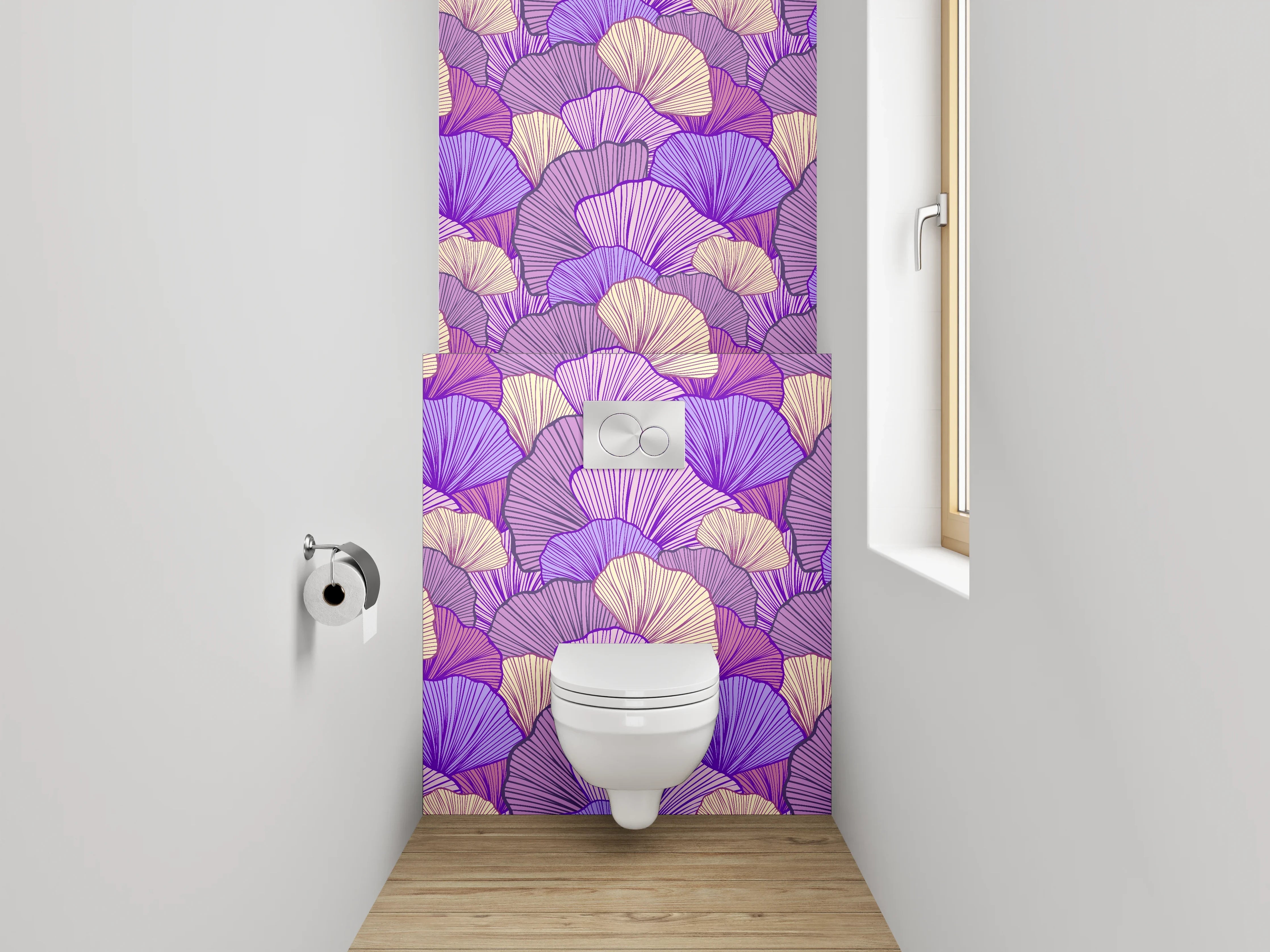 WC-Rückwand - Ginkgo-Blätter Muster Lila Beige