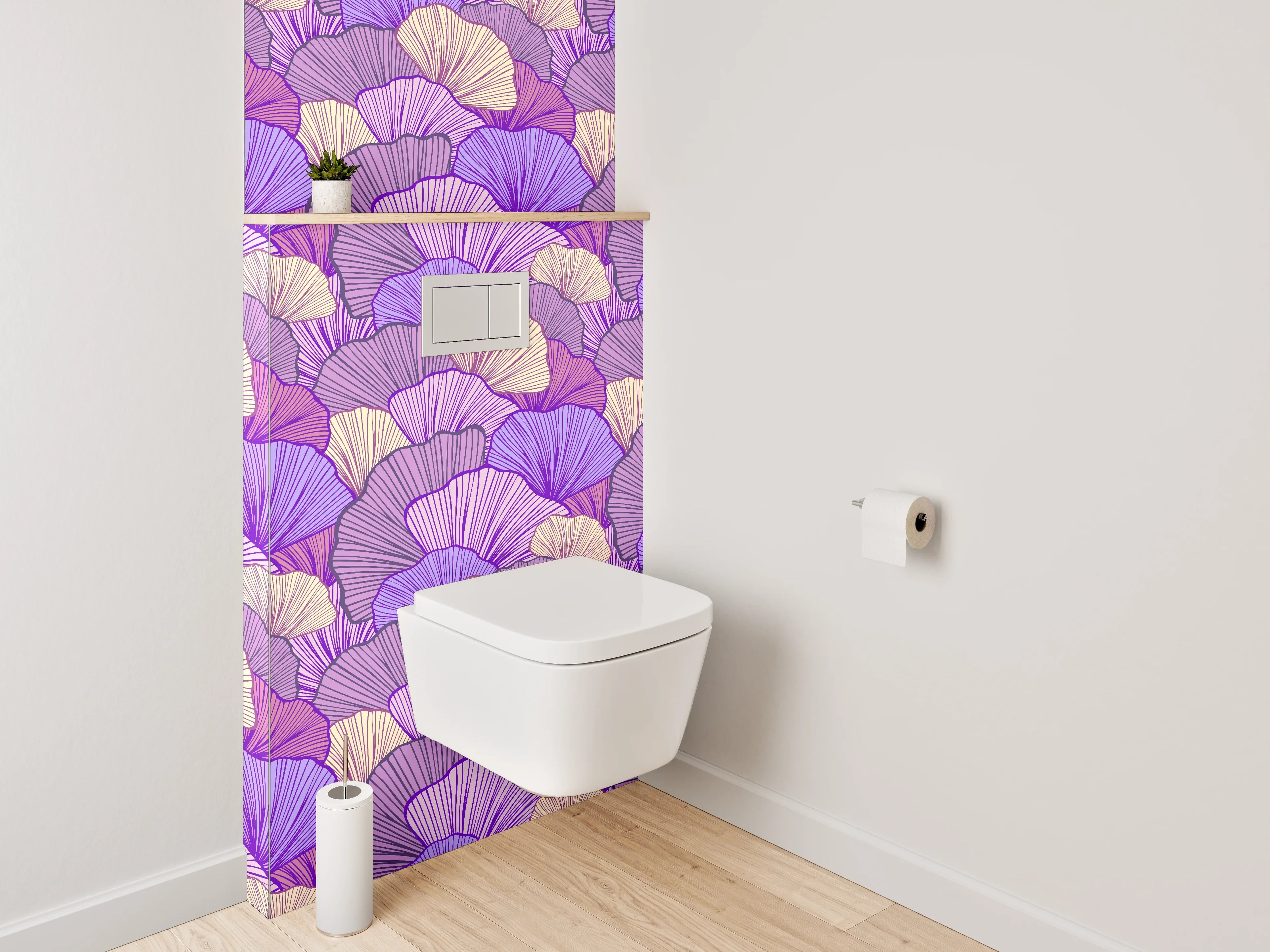 WC-Rückwand - Ginkgo-Blätter Muster Lila Beige