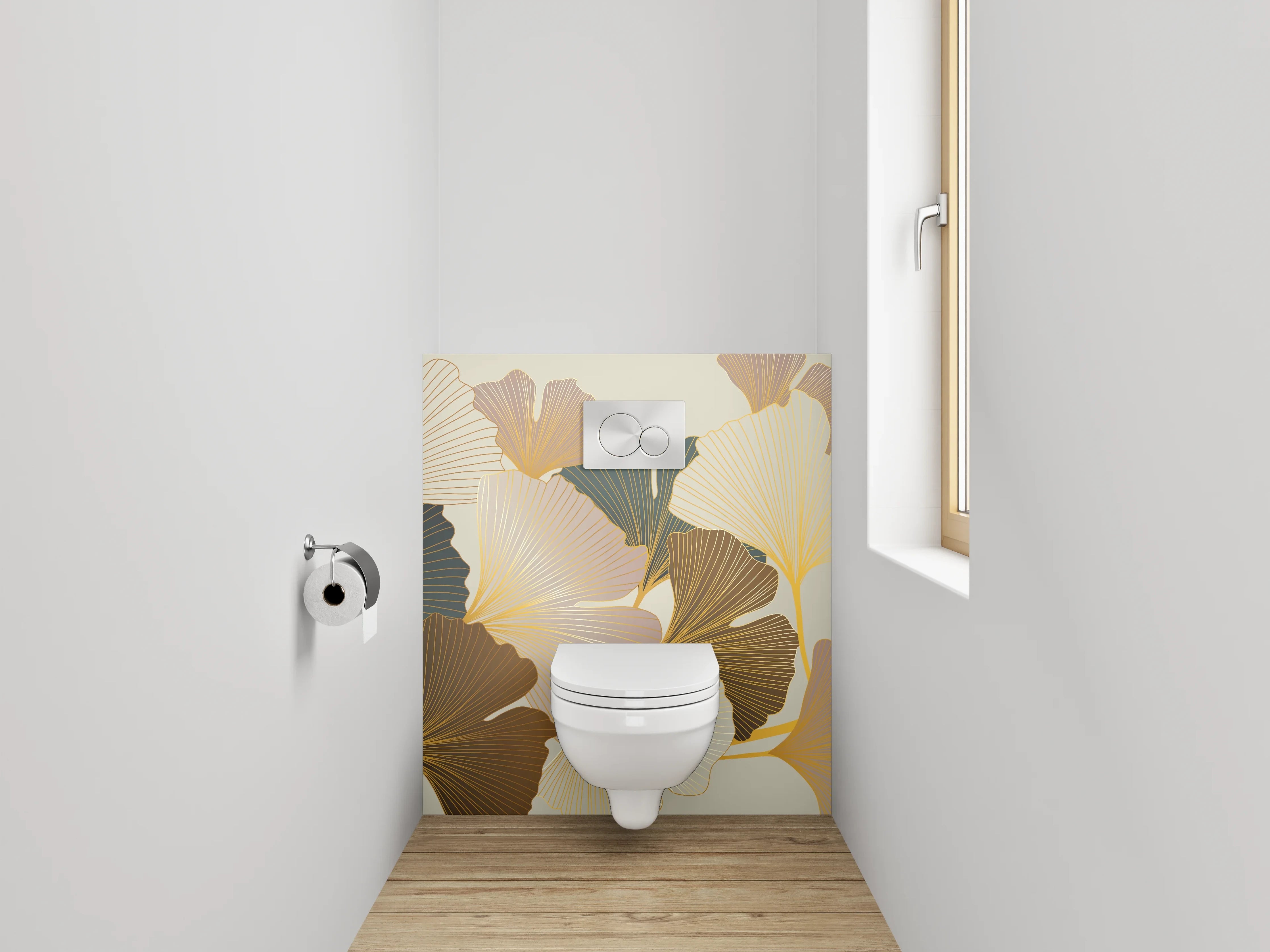 WC-Rückwand - Ginkgo Design in Beige und Gold