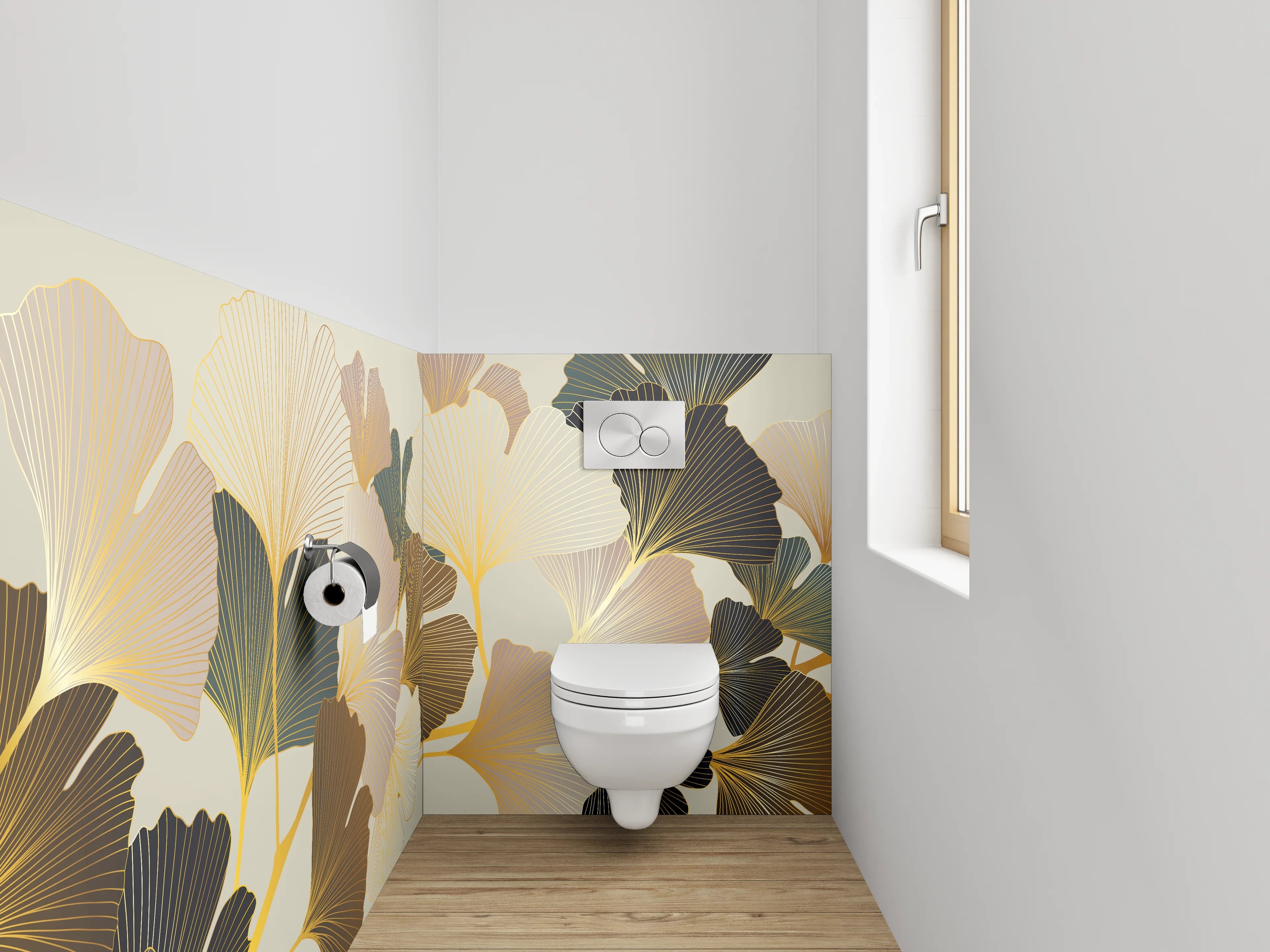 WC-Rückwand - Ginkgo Design in Beige und Gold