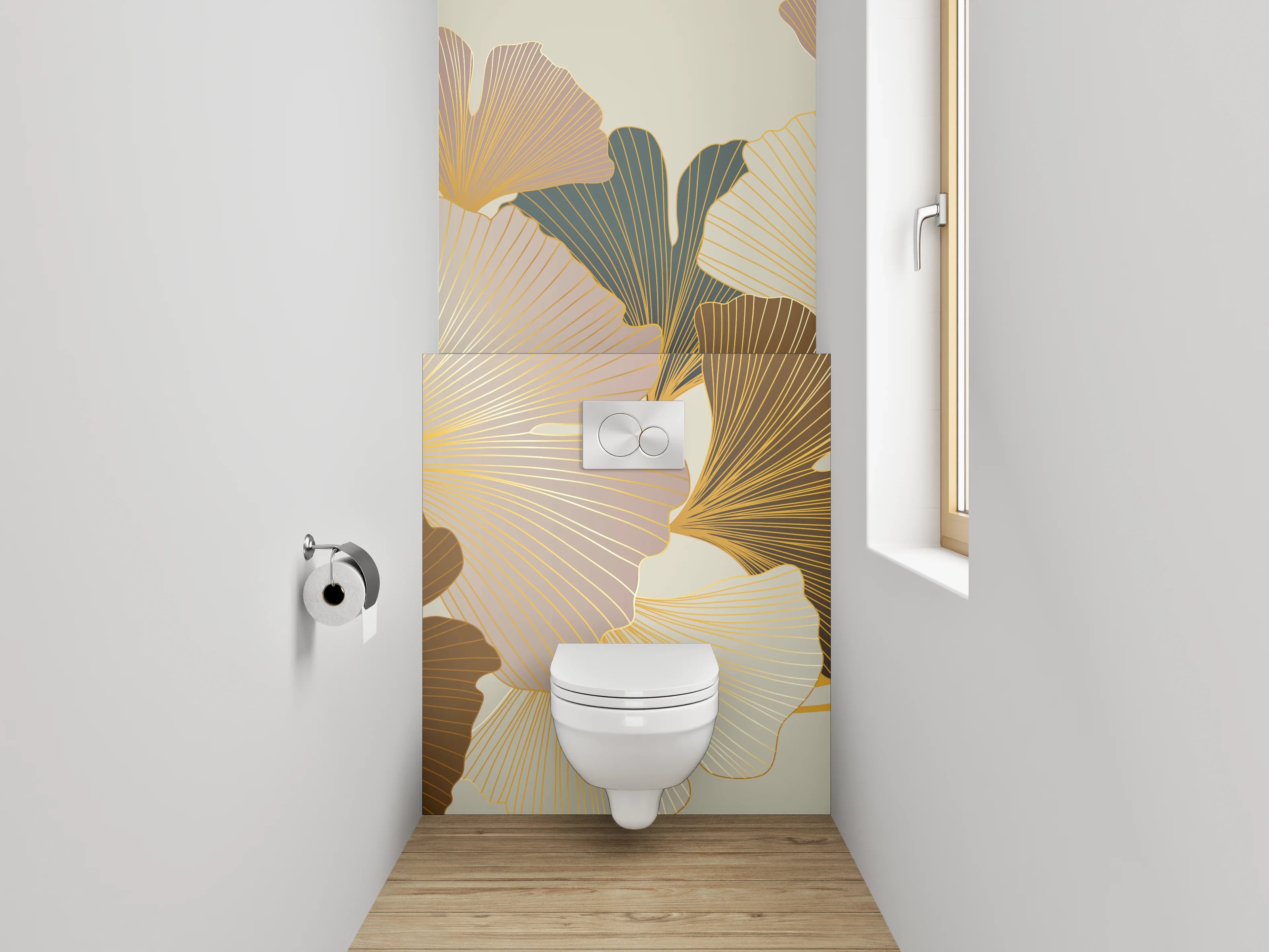 WC-Rückwand - Ginkgo Design in Beige und Gold