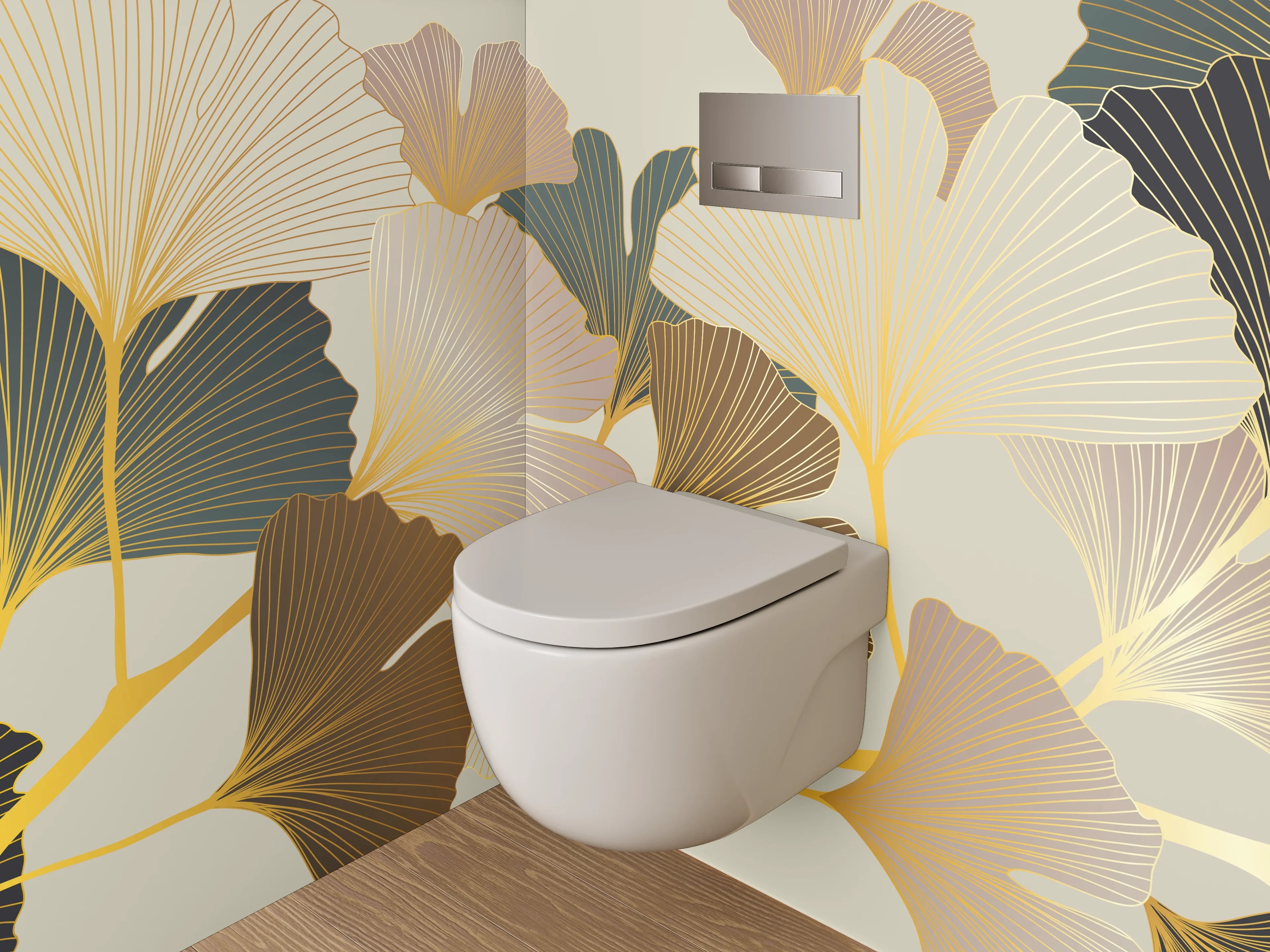 WC-Rückwand - Ginkgo Design in Beige und Gold