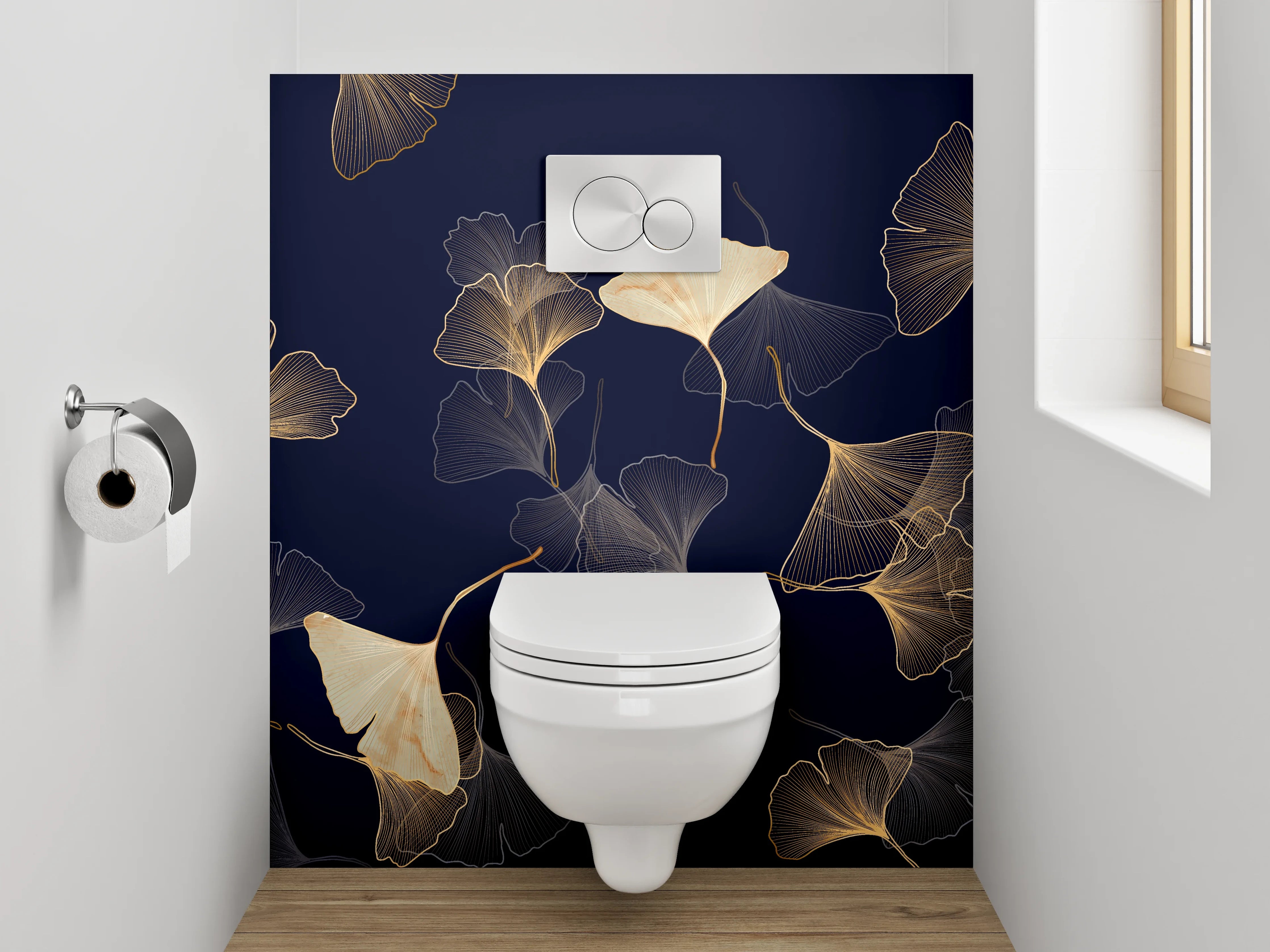 WC-Rückwand - Ginkgo Lineart Gold auf Dunkelblau