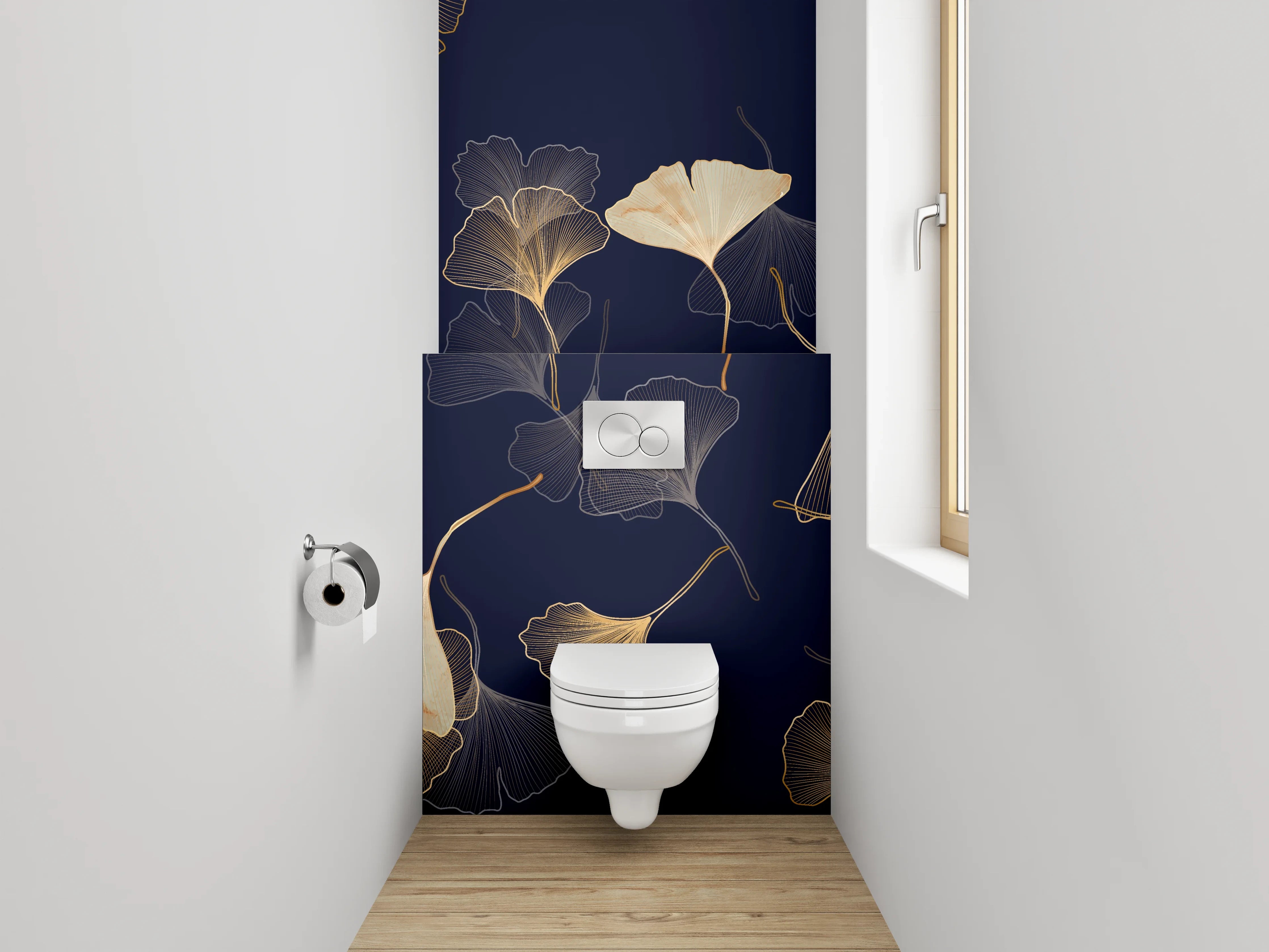 WC-Rückwand - Ginkgo Lineart Gold auf Dunkelblau