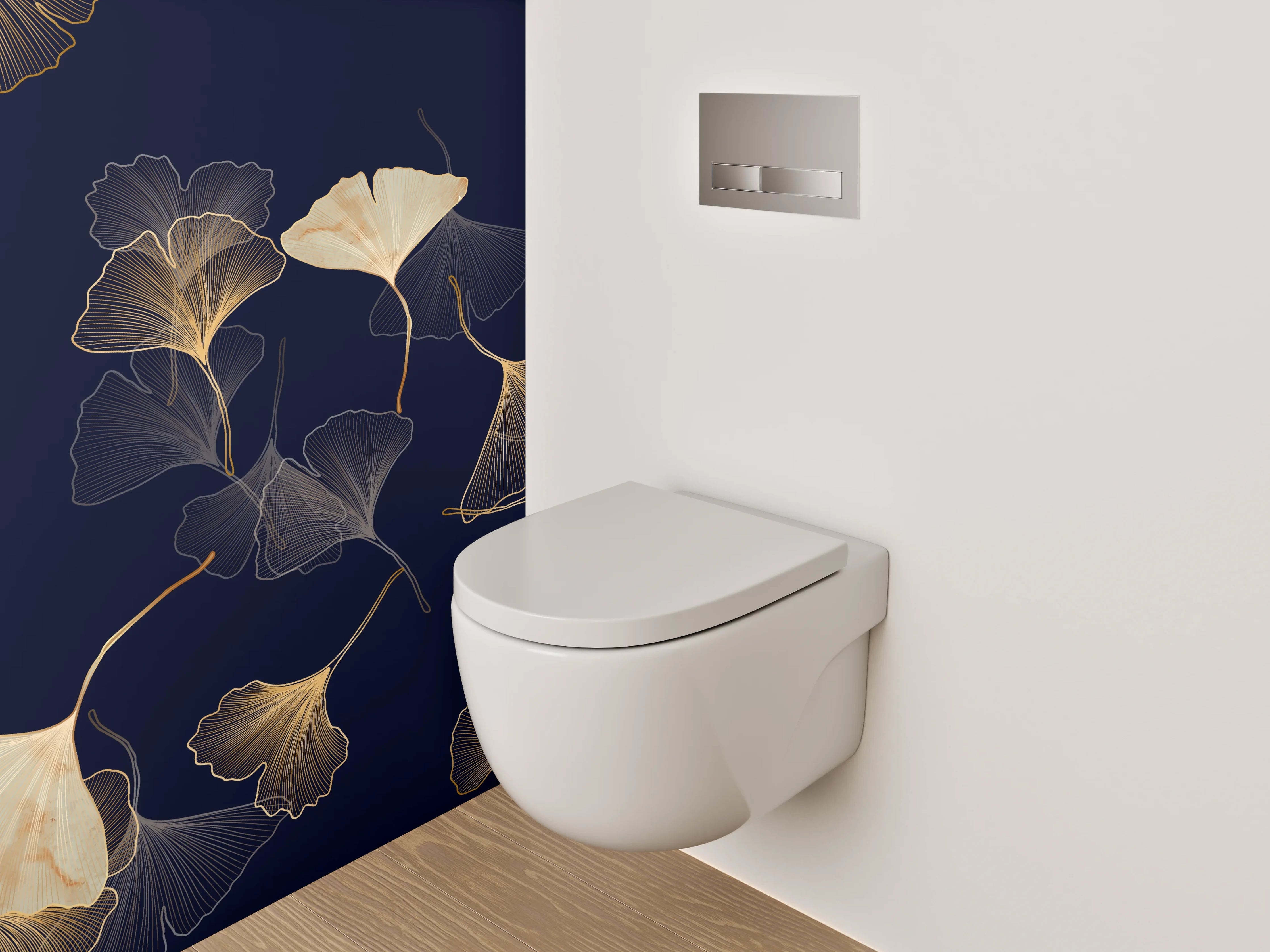 WC-Rückwand - Ginkgo Lineart Gold auf Dunkelblau