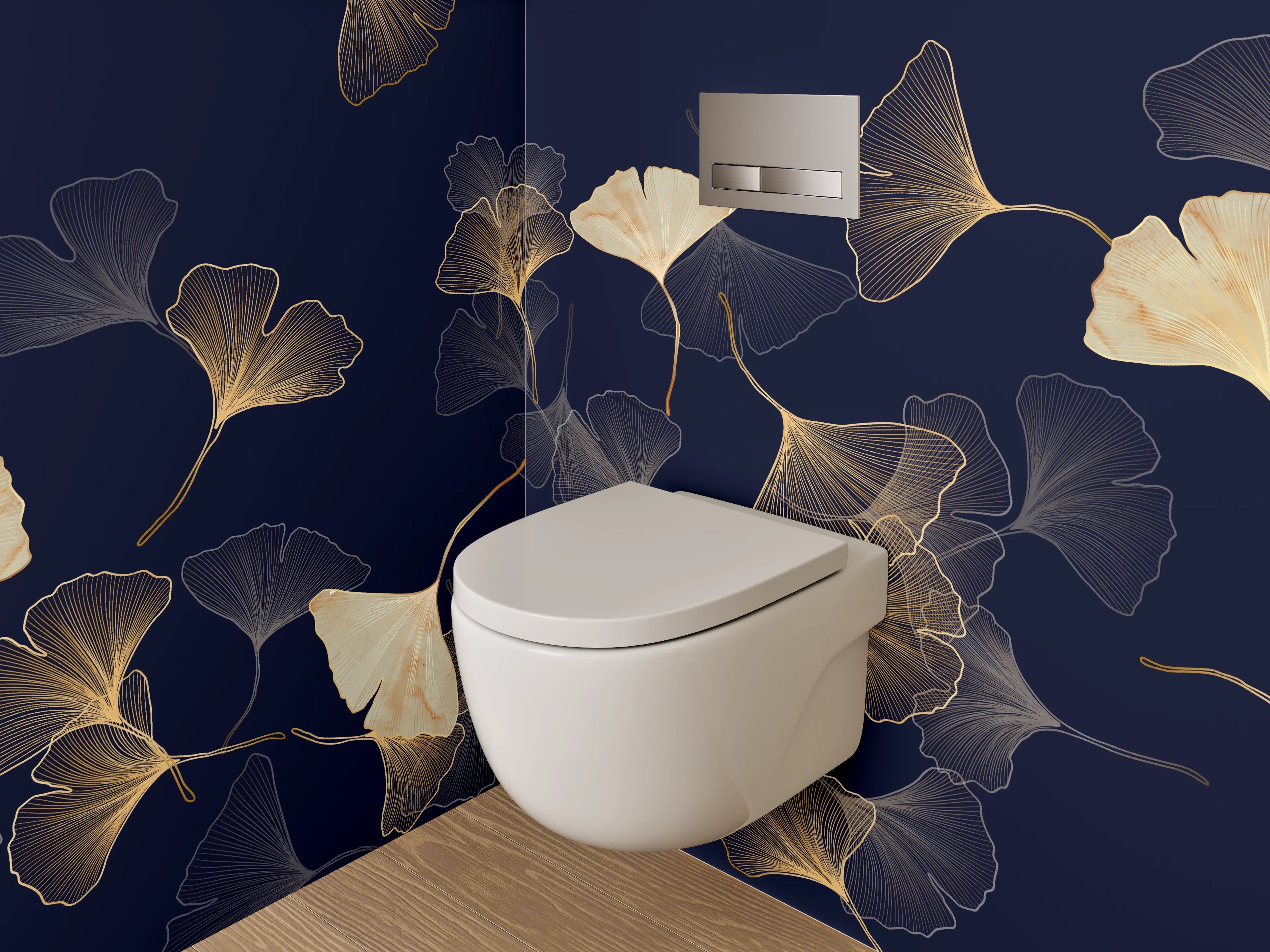 WC-Rückwand - Ginkgo Lineart Gold auf Dunkelblau