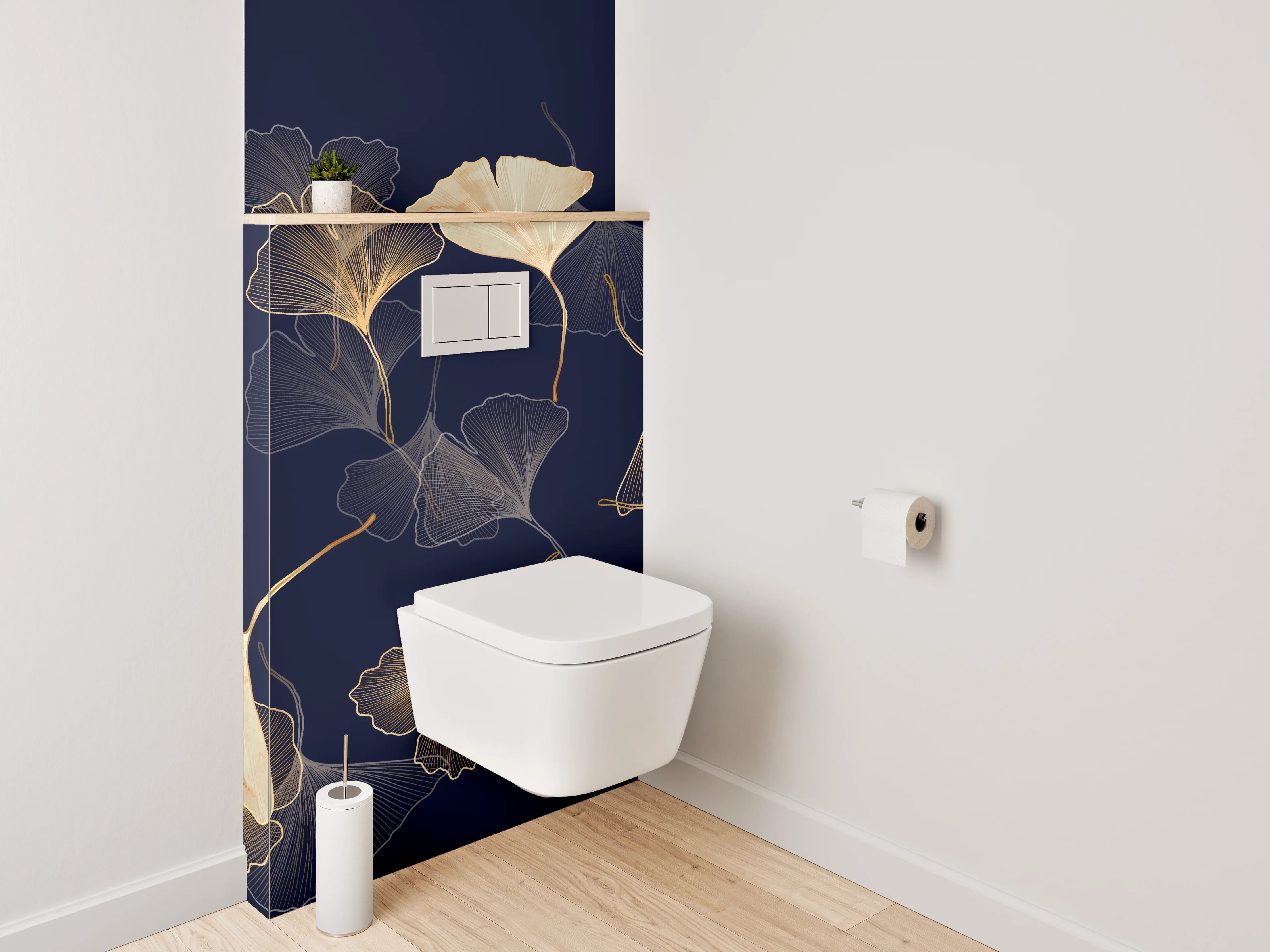 WC-Rückwand - Ginkgo Lineart Gold auf Dunkelblau