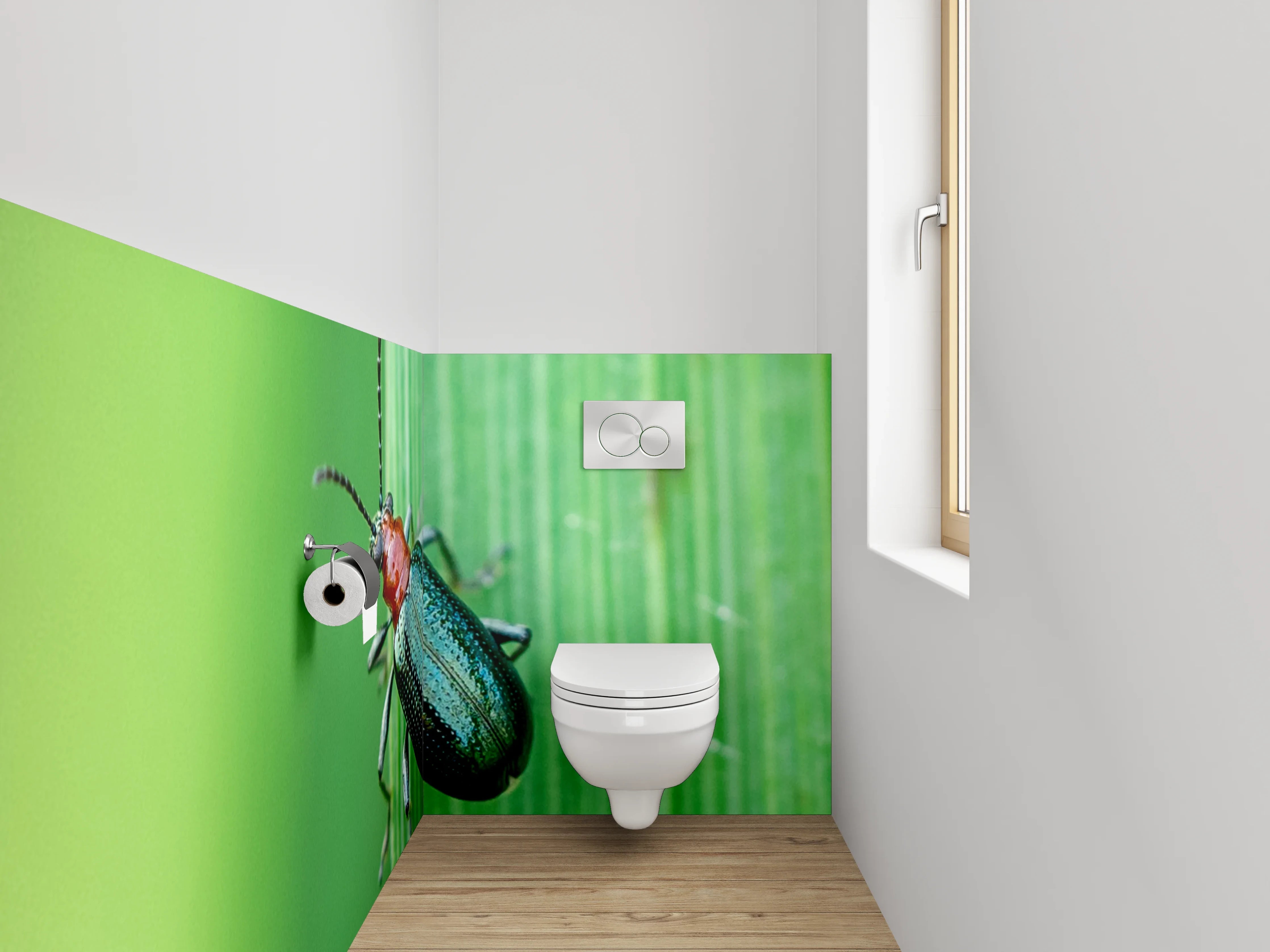WC-Rückwand - Glänzender Käfer auf grünem Blatt