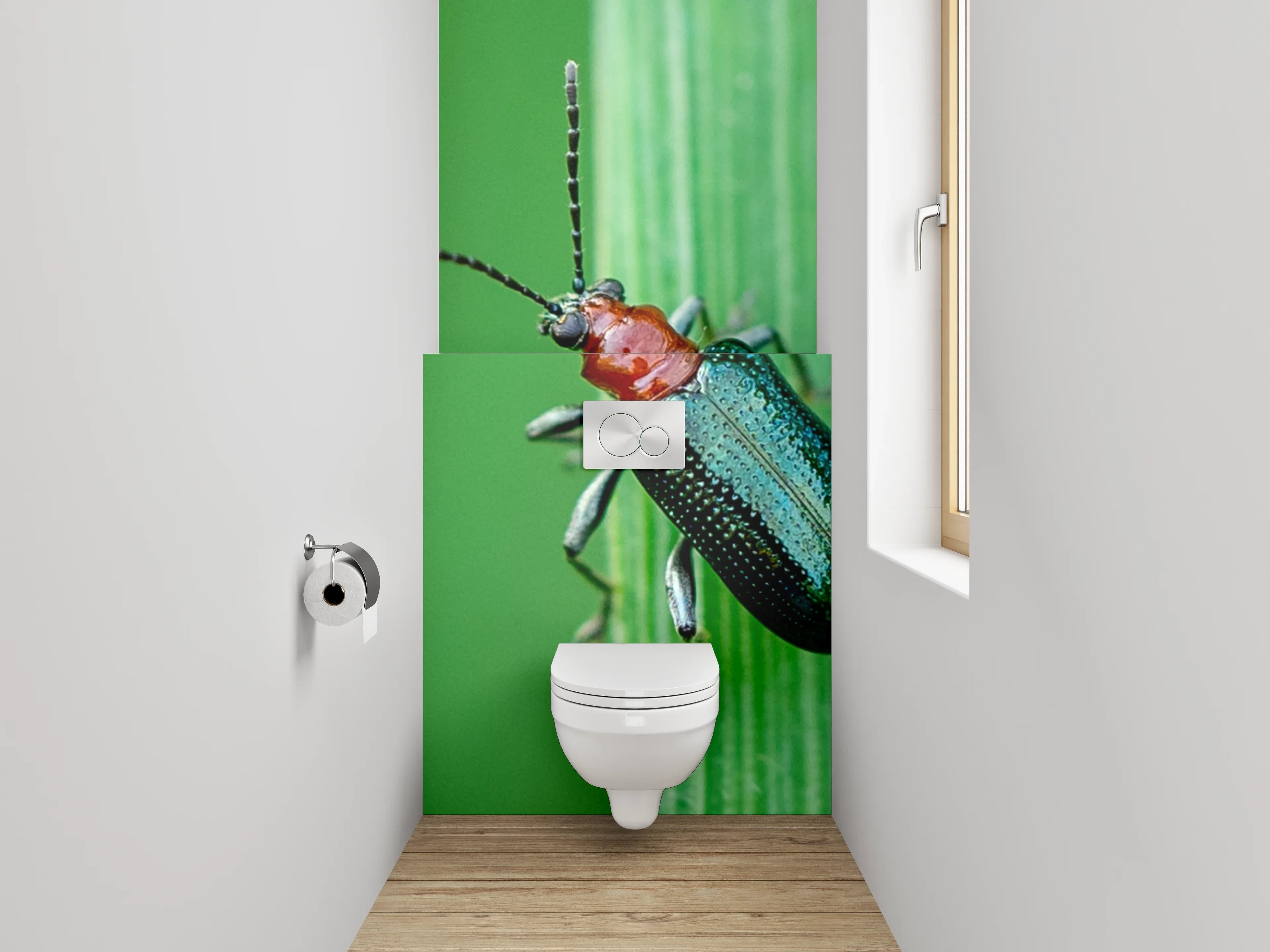 WC-Rückwand - Glänzender Käfer auf grünem Blatt