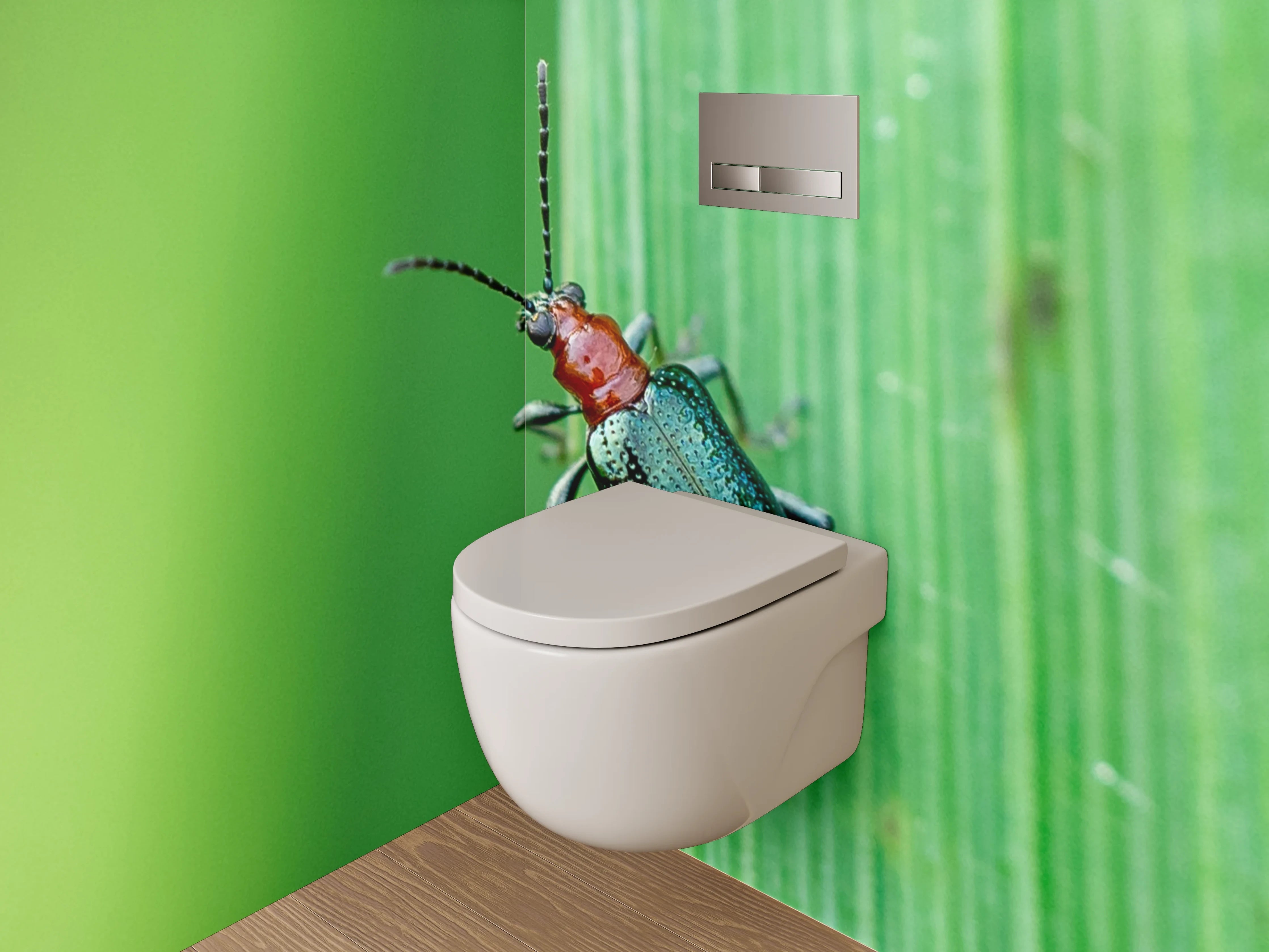 WC-Rückwand - Glänzender Käfer auf grünem Blatt