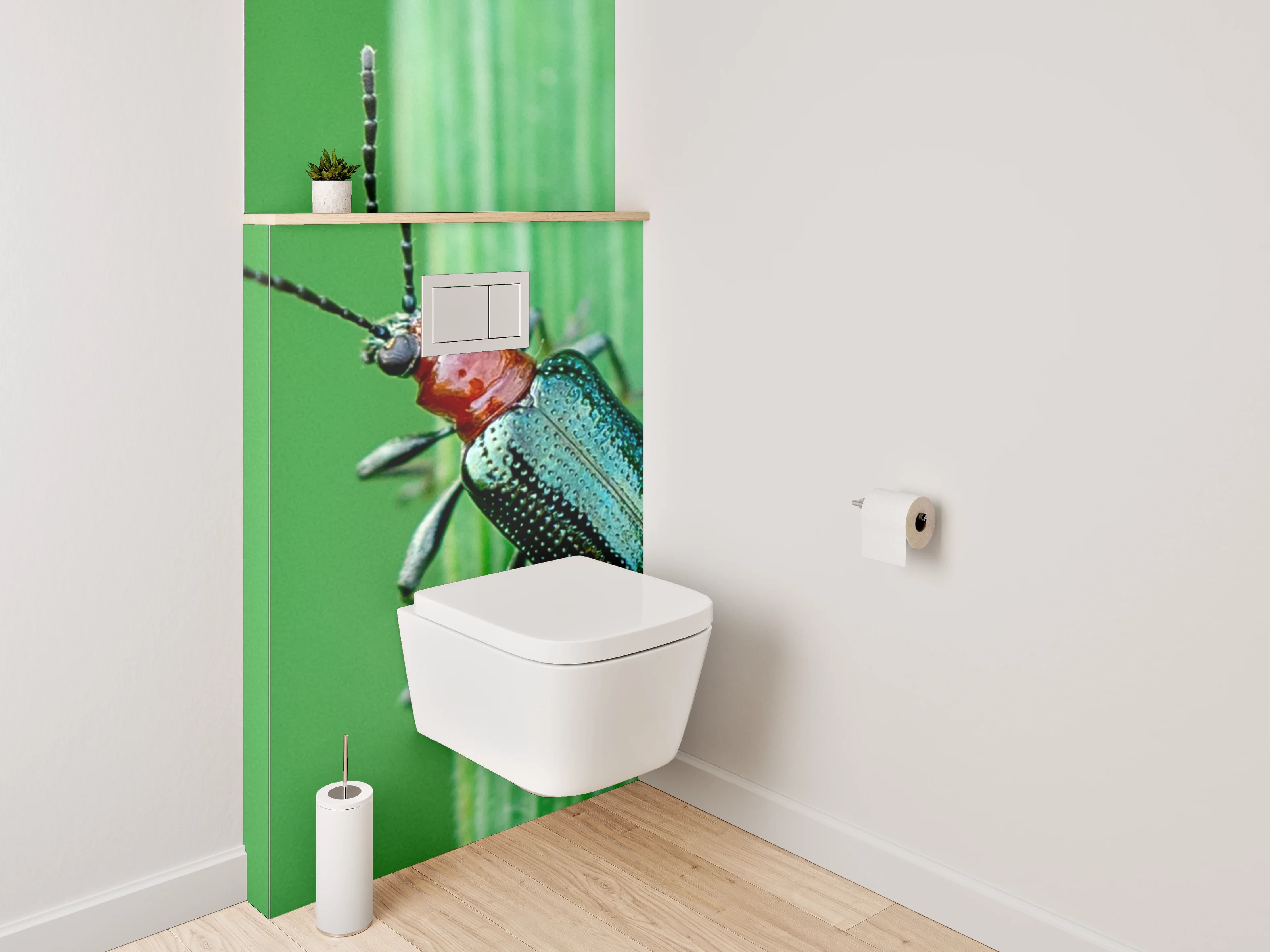 WC-Rückwand - Glänzender Käfer auf grünem Blatt