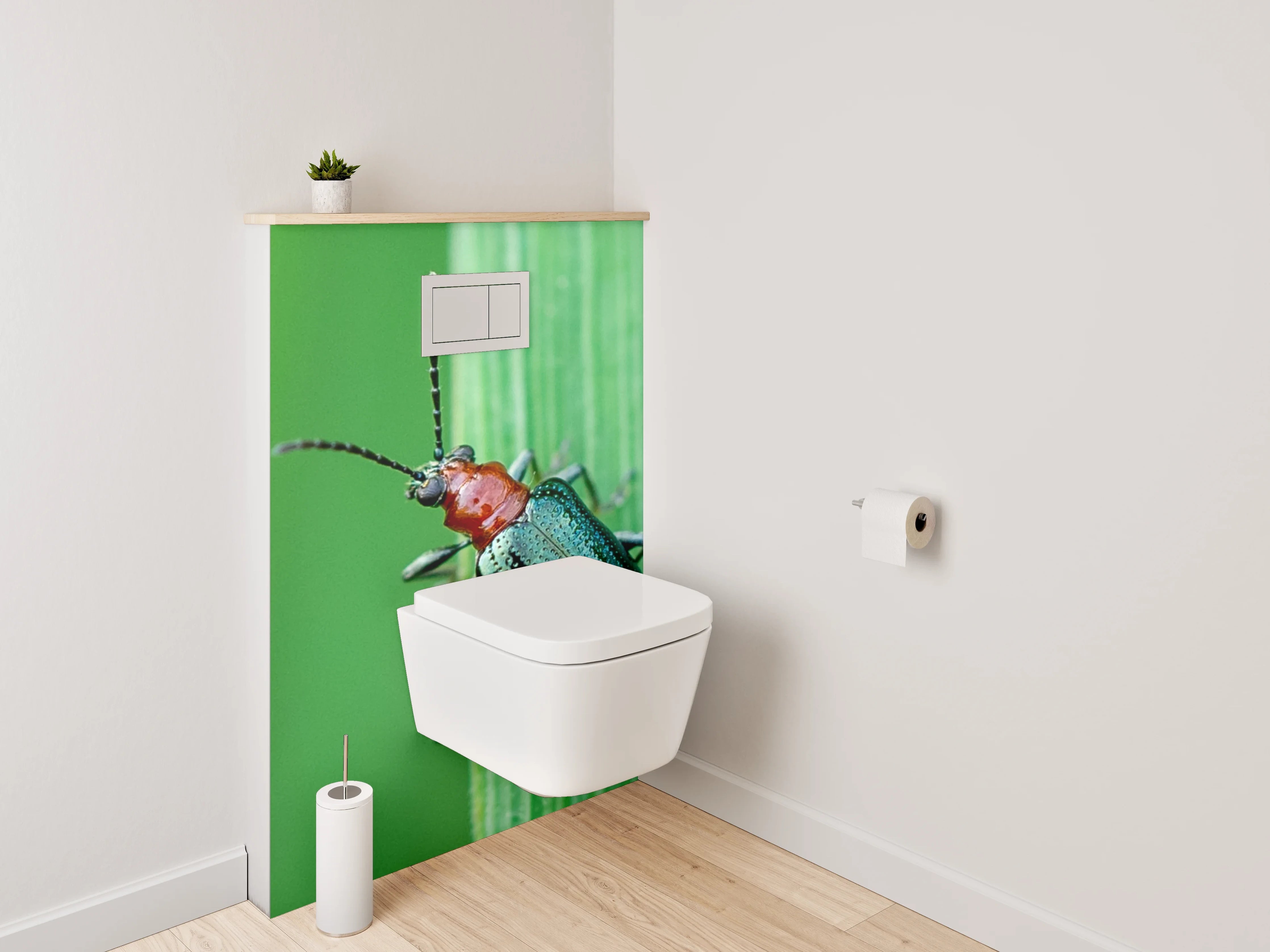 WC-Rückwand - Glänzender Käfer auf grünem Blatt