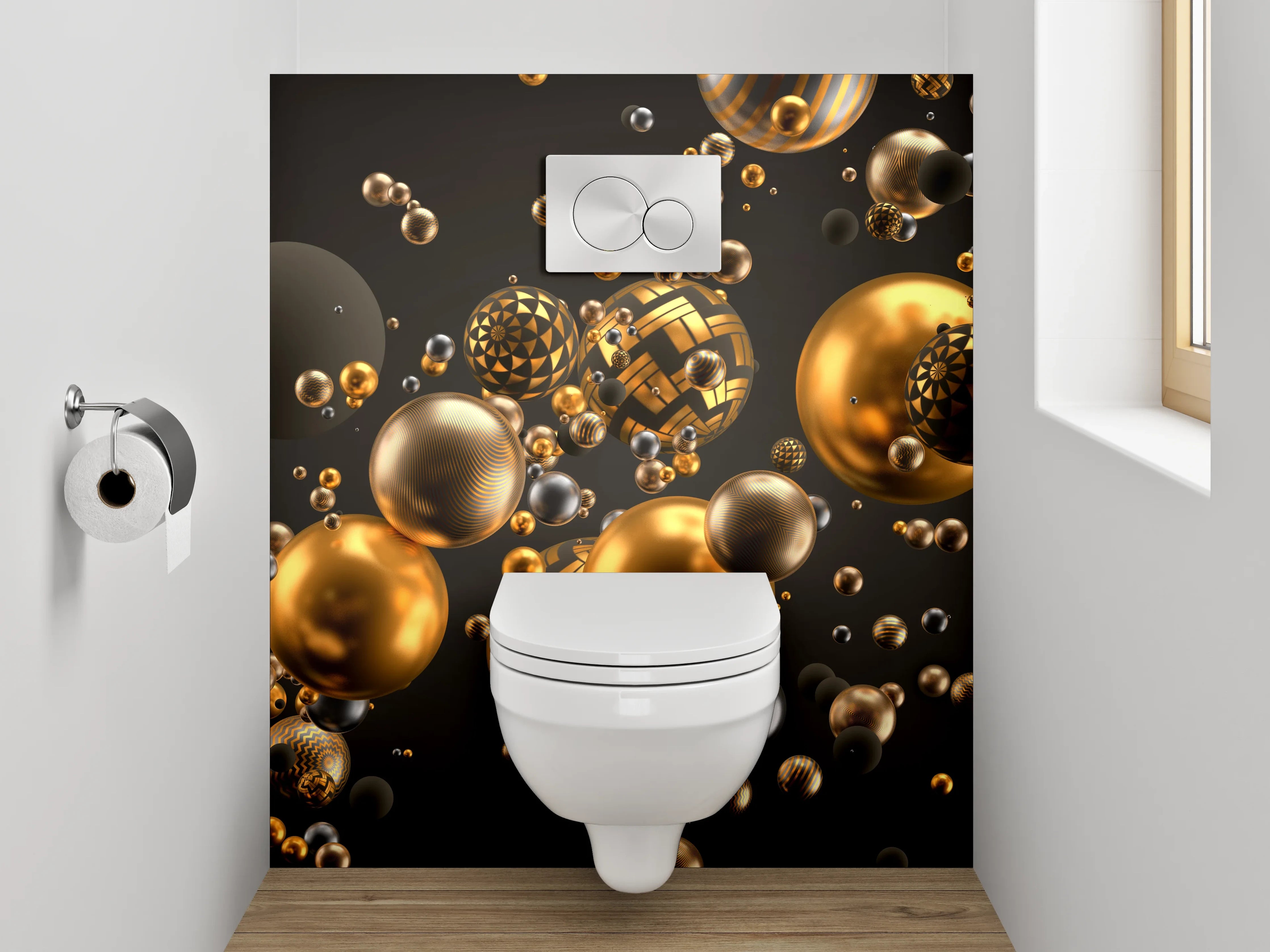 WC-Rückwand - Goldene 3D-Kugeln Abstrakt Modern