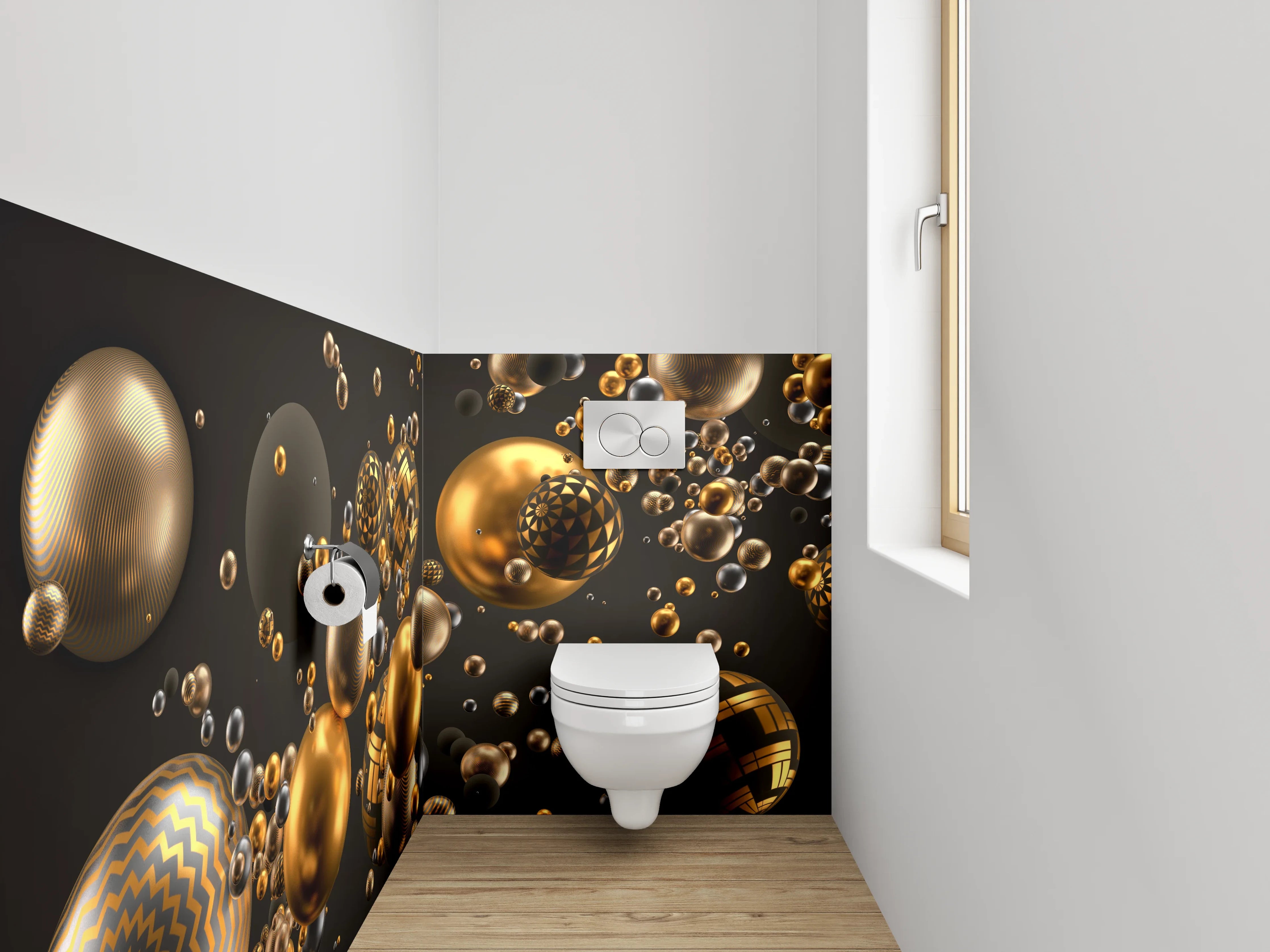 WC-Rückwand - Goldene 3D-Kugeln Abstrakt Modern