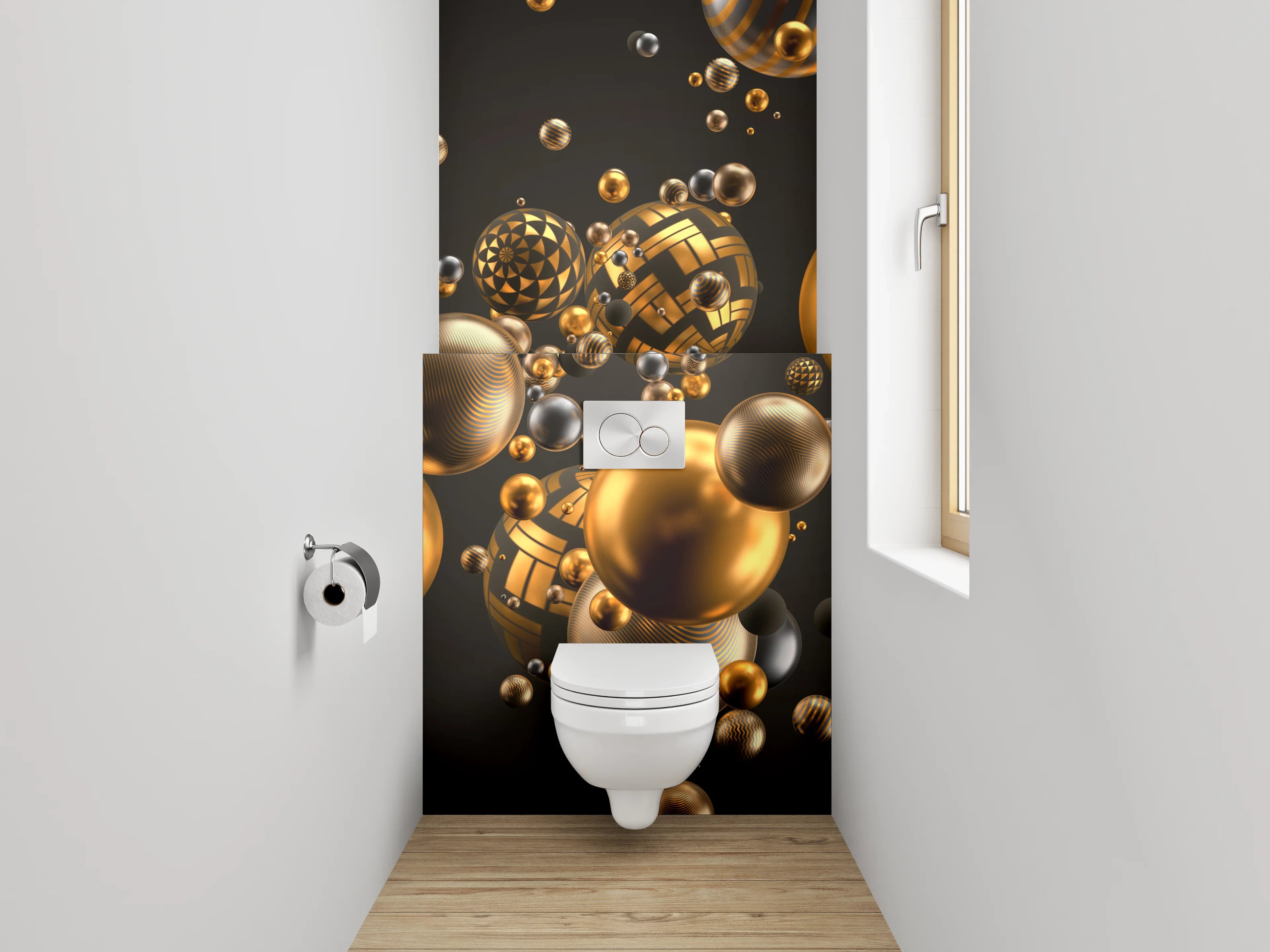 WC-Rückwand - Goldene 3D-Kugeln Abstrakt Modern