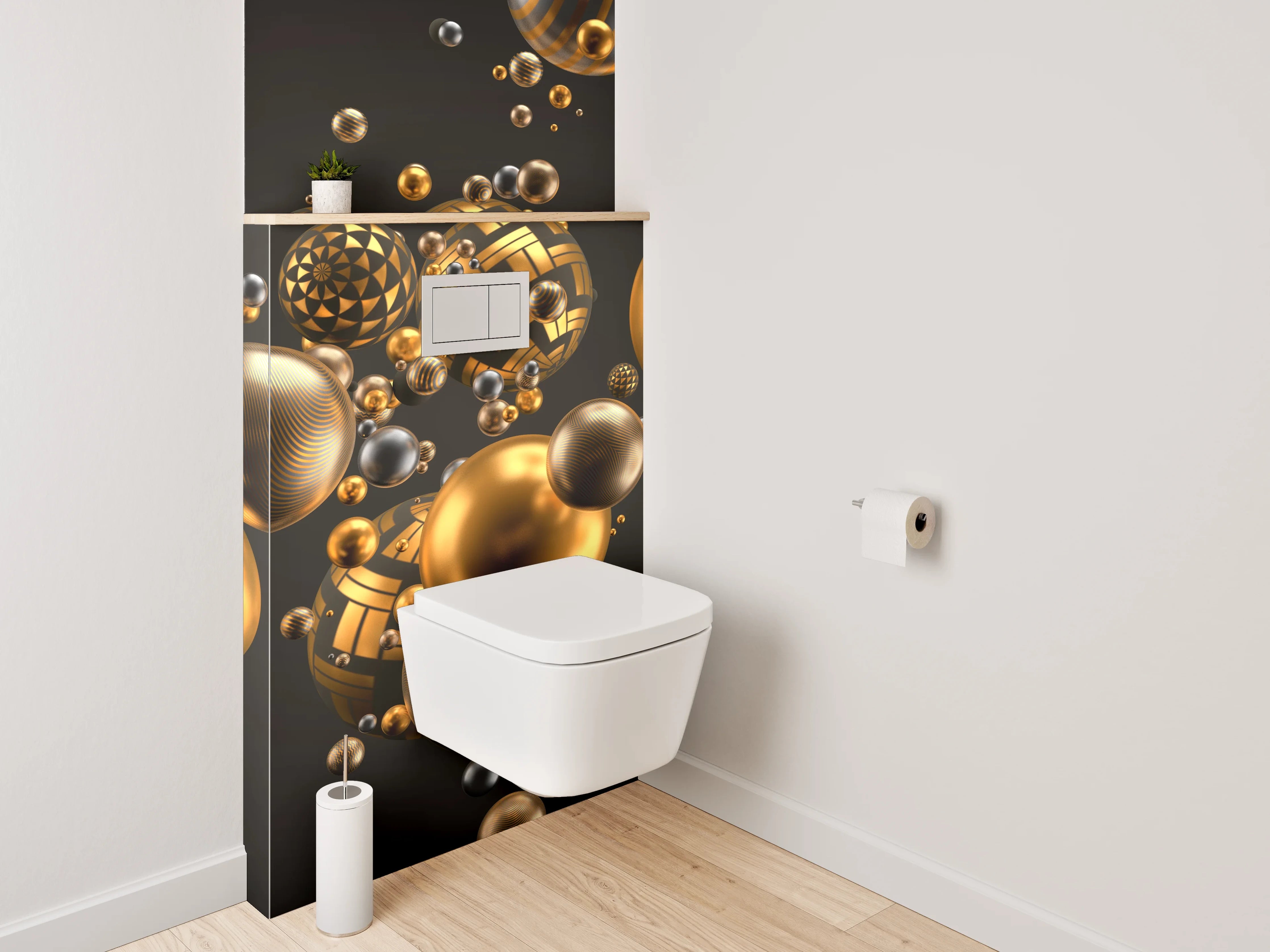 WC-Rückwand - Goldene 3D-Kugeln Abstrakt Modern