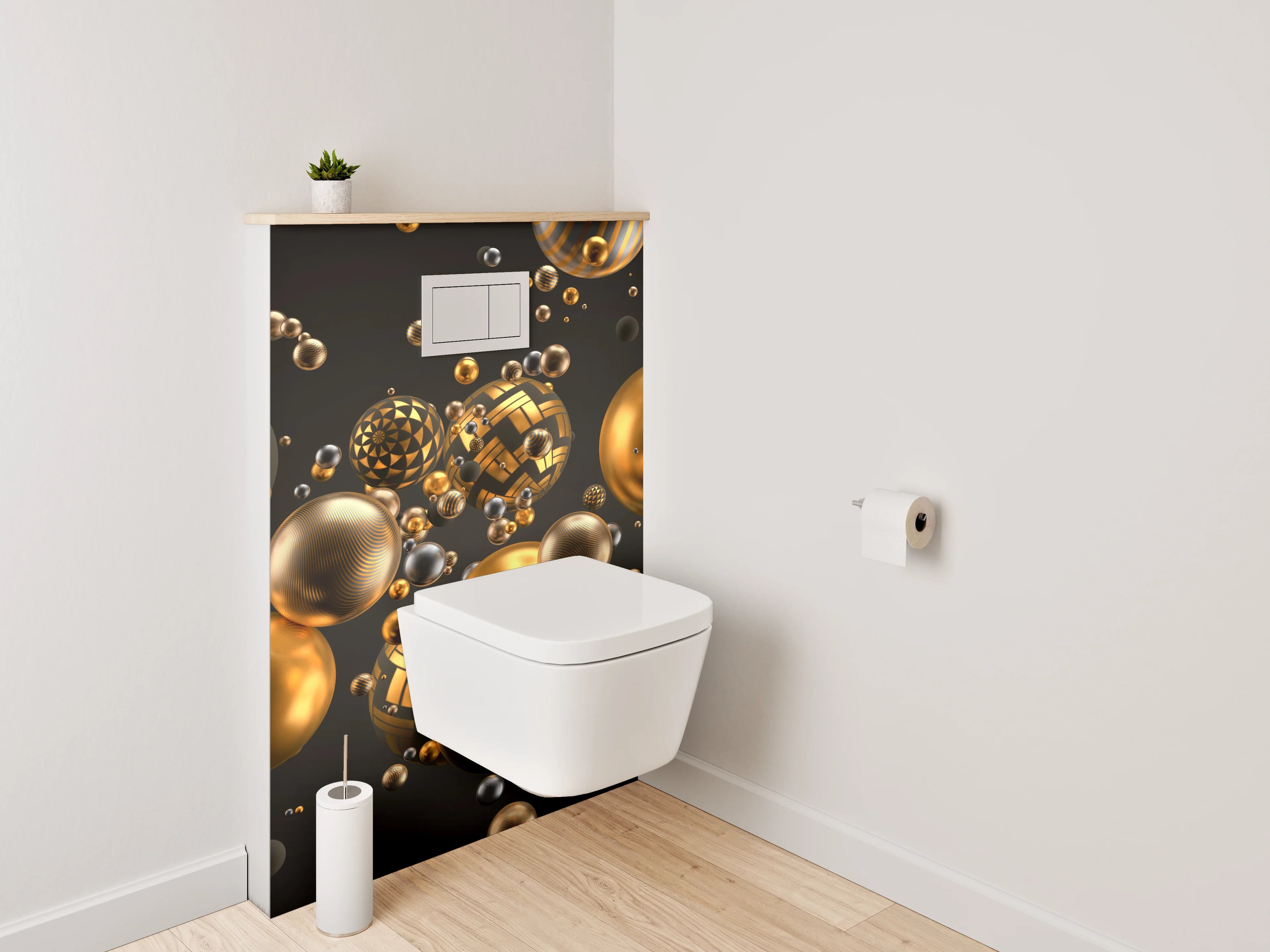 WC-Rückwand - Goldene 3D-Kugeln Abstrakt Modern