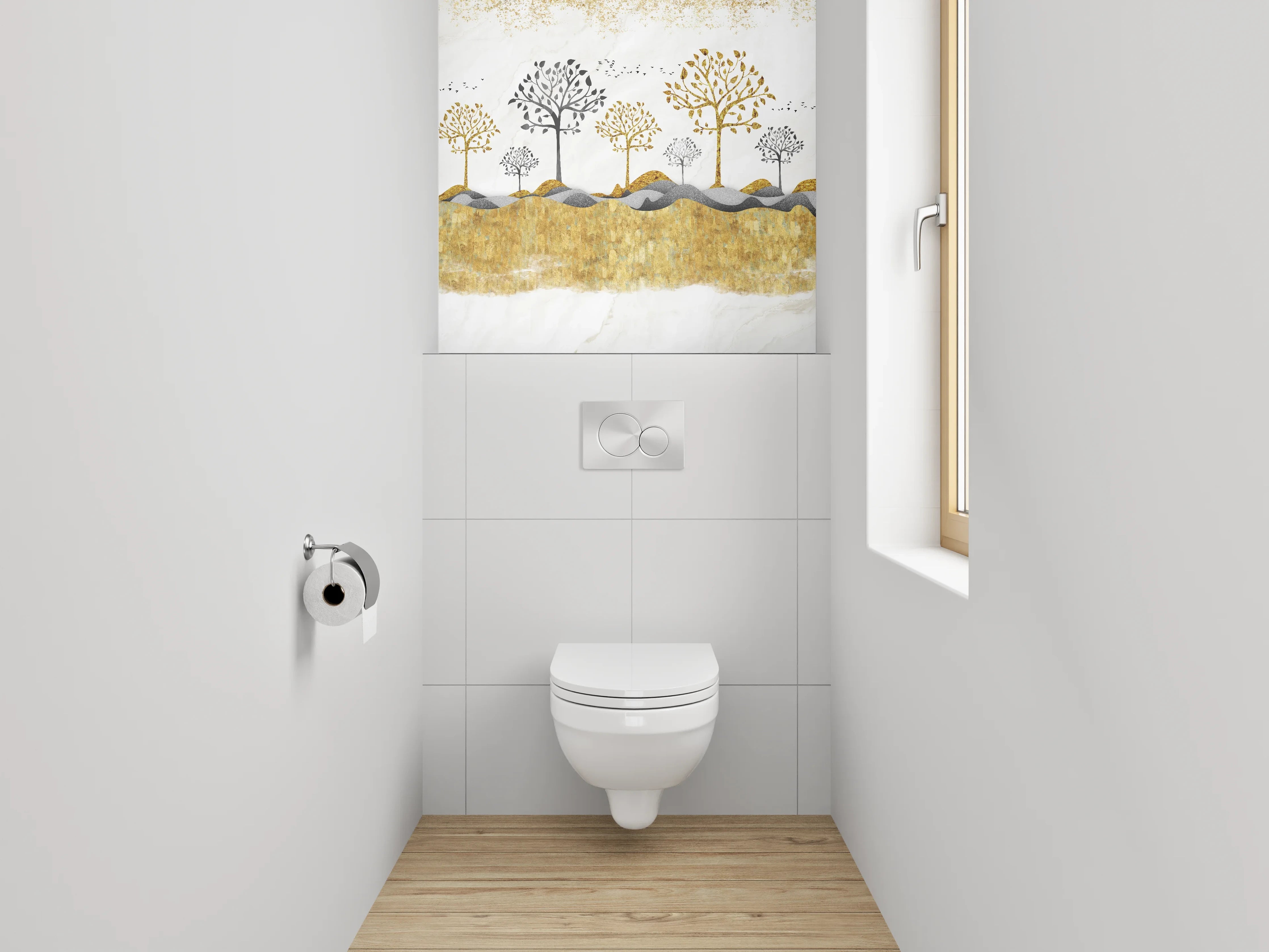 WC-Rückwand - Goldene Bäume auf Marmorhintergrund