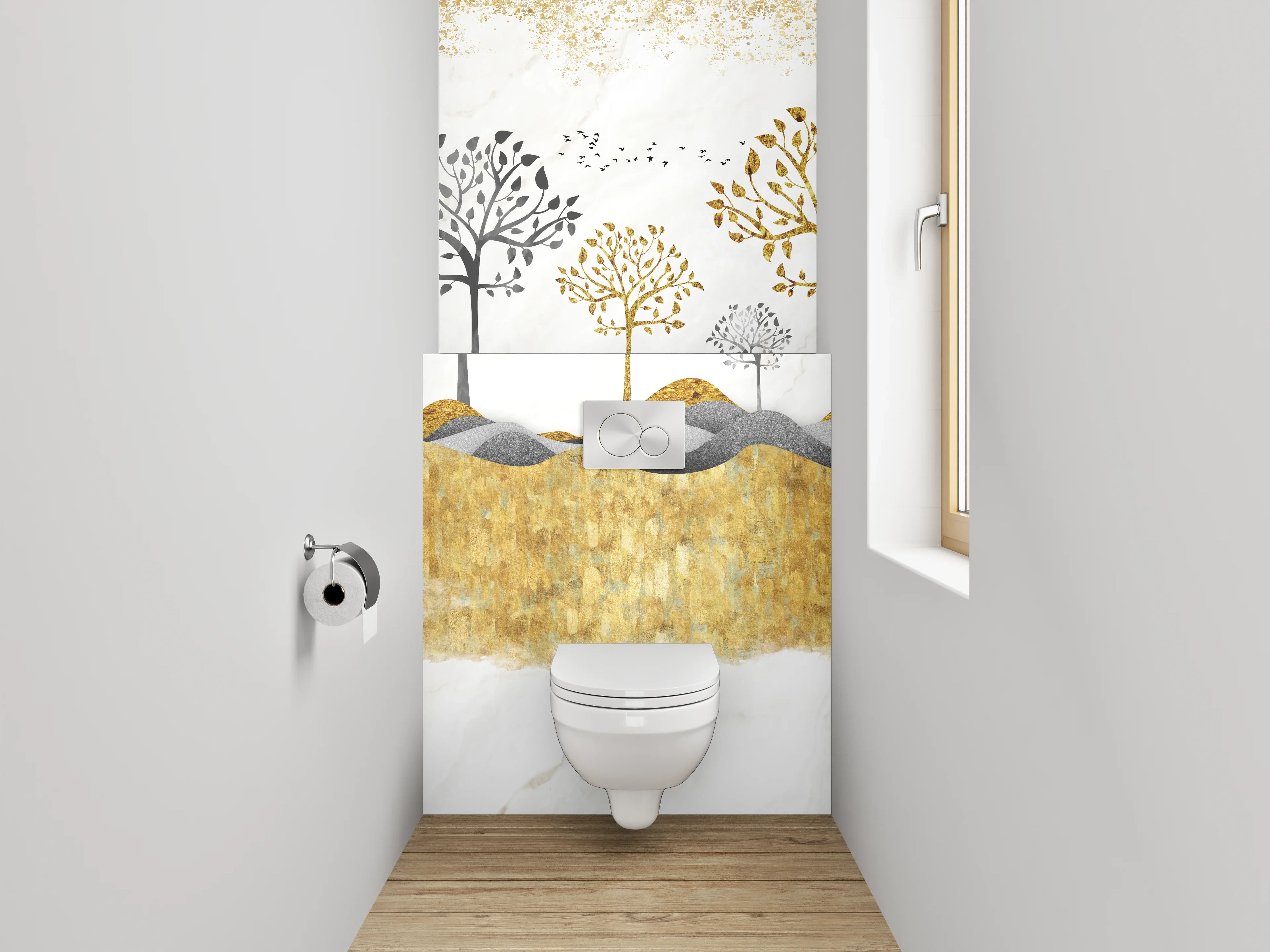 WC-Rückwand - Goldene Bäume auf Marmorhintergrund
