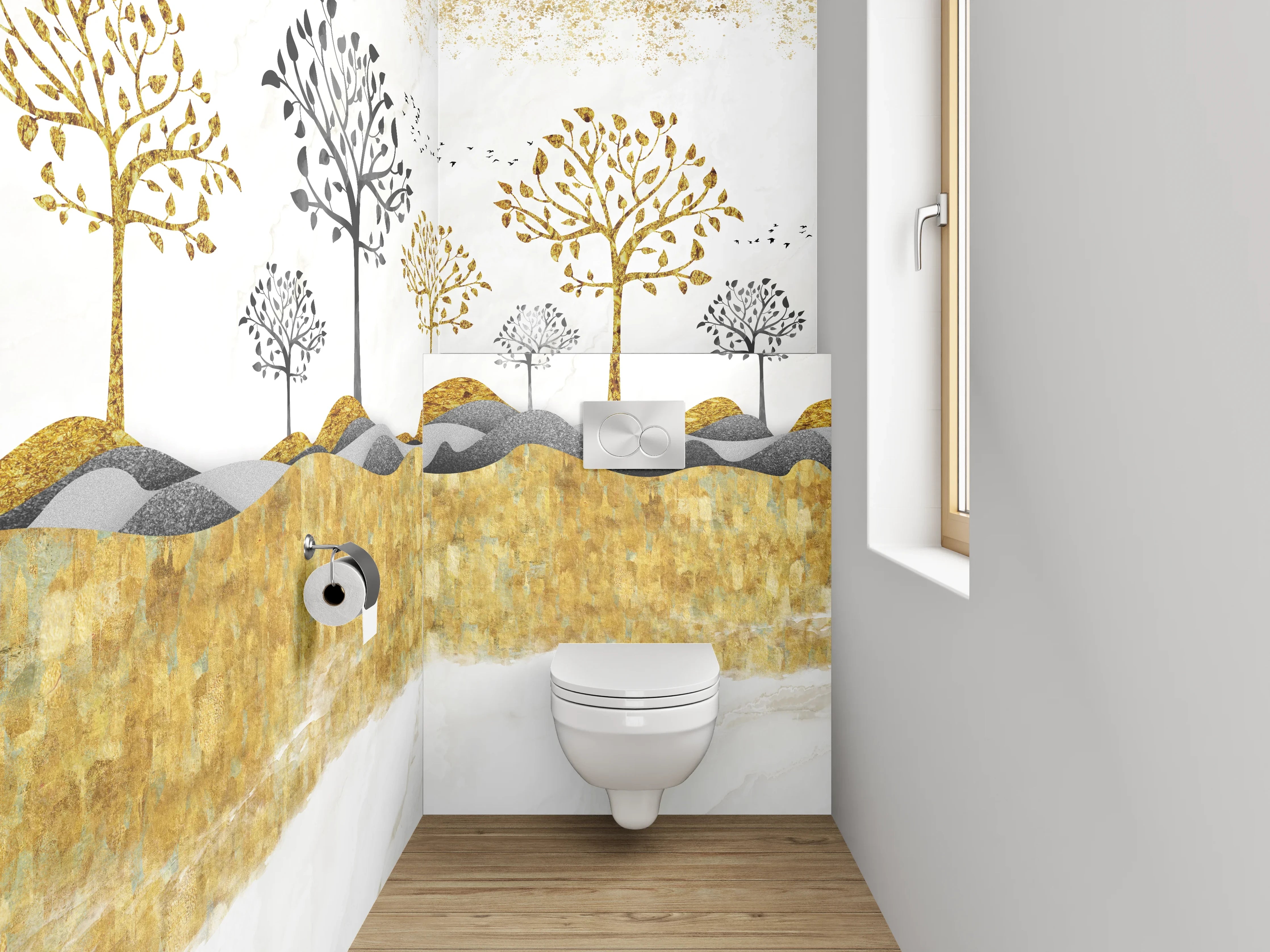 WC-Rückwand - Goldene Bäume auf Marmorhintergrund