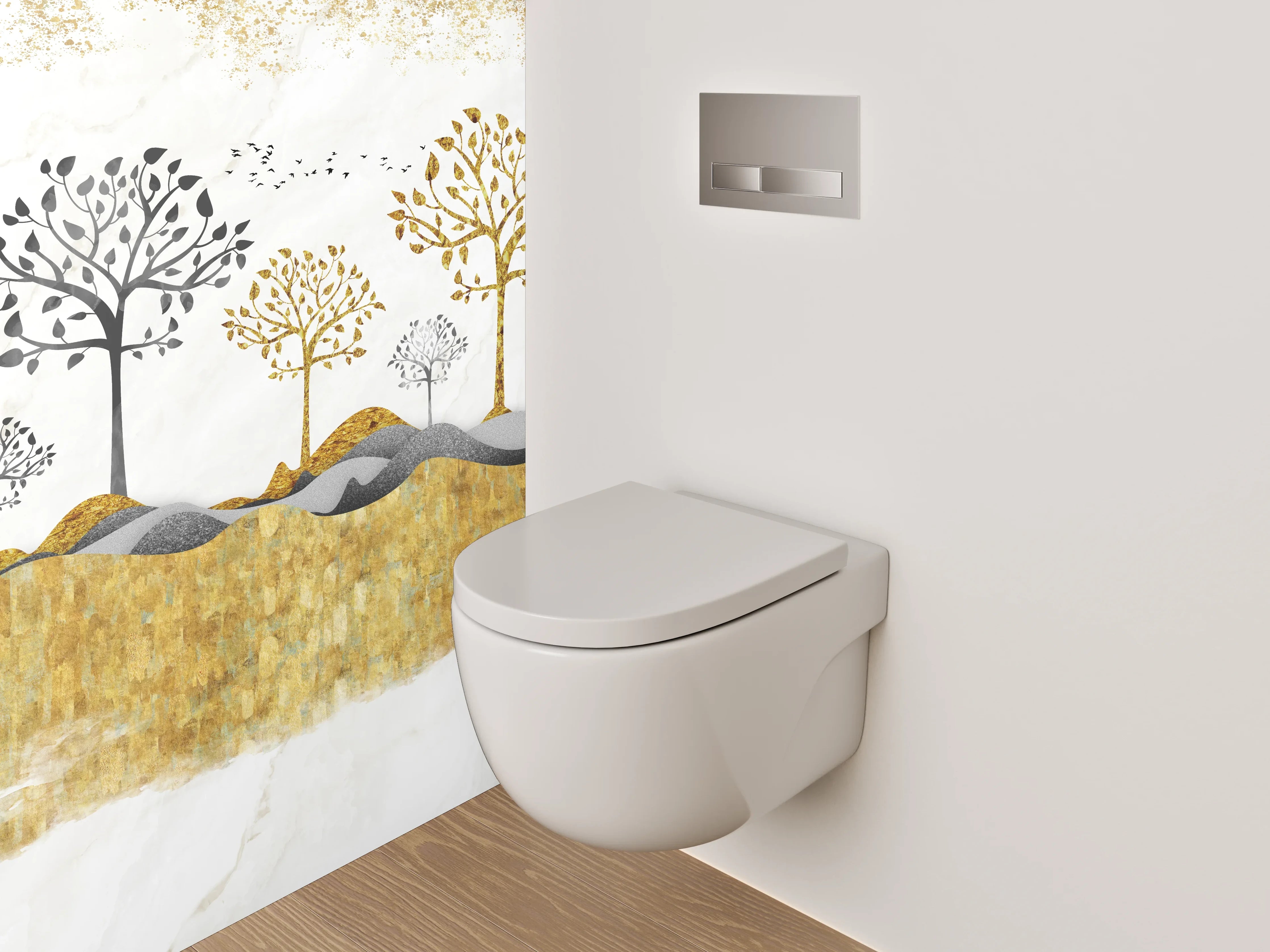 WC-Rückwand - Goldene Bäume auf Marmorhintergrund